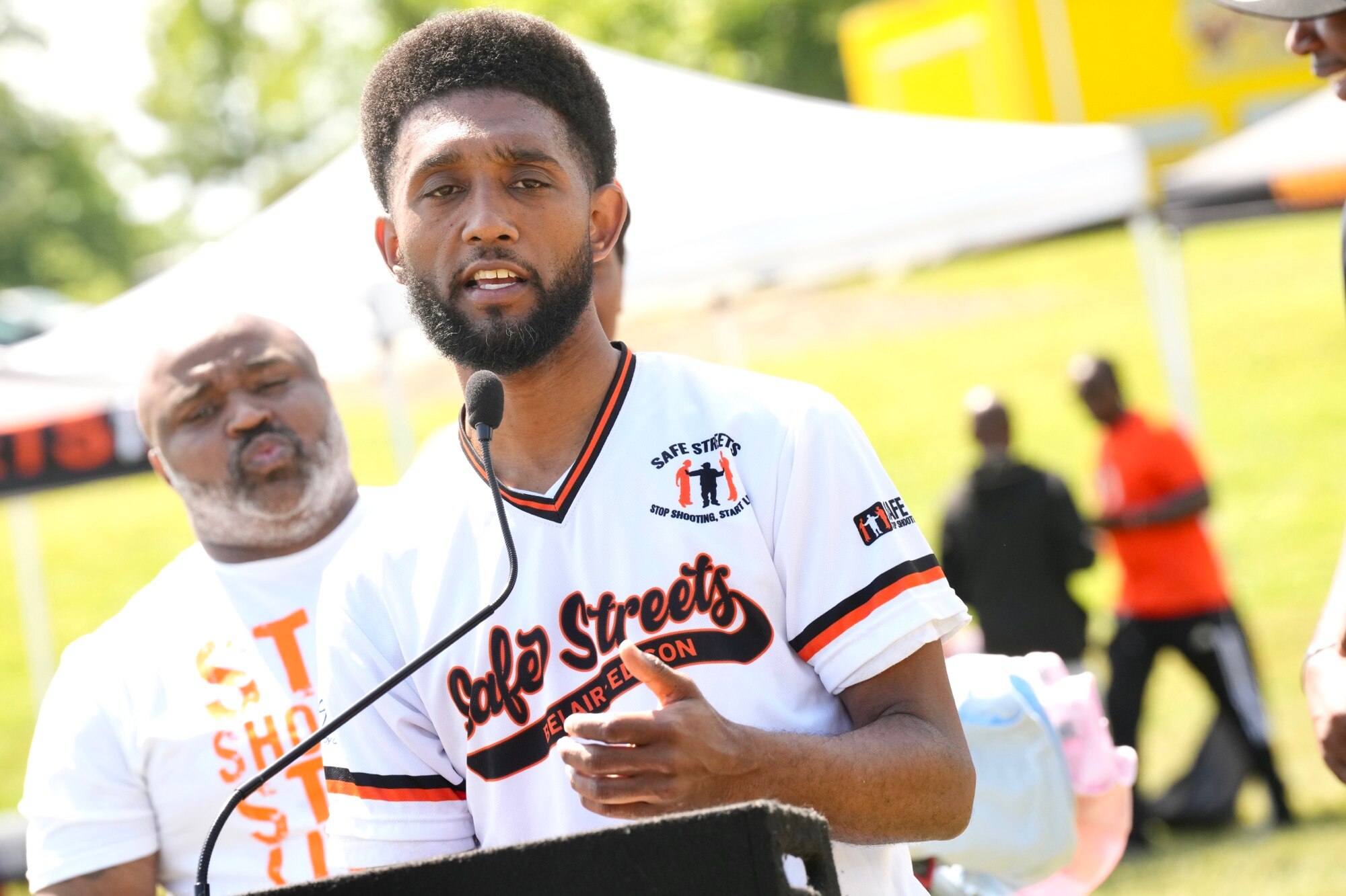 Mayor Scott speaks to the press with partners from the Mayor's Office of Neighborhood Safety and Engagement (MONSE) and representatives from Catholic Charities, Lifebridge Health Center for Hope, and various Safe Streets sites to kick off the 3rd Annual Safe Summer Program on May 27, 2023.