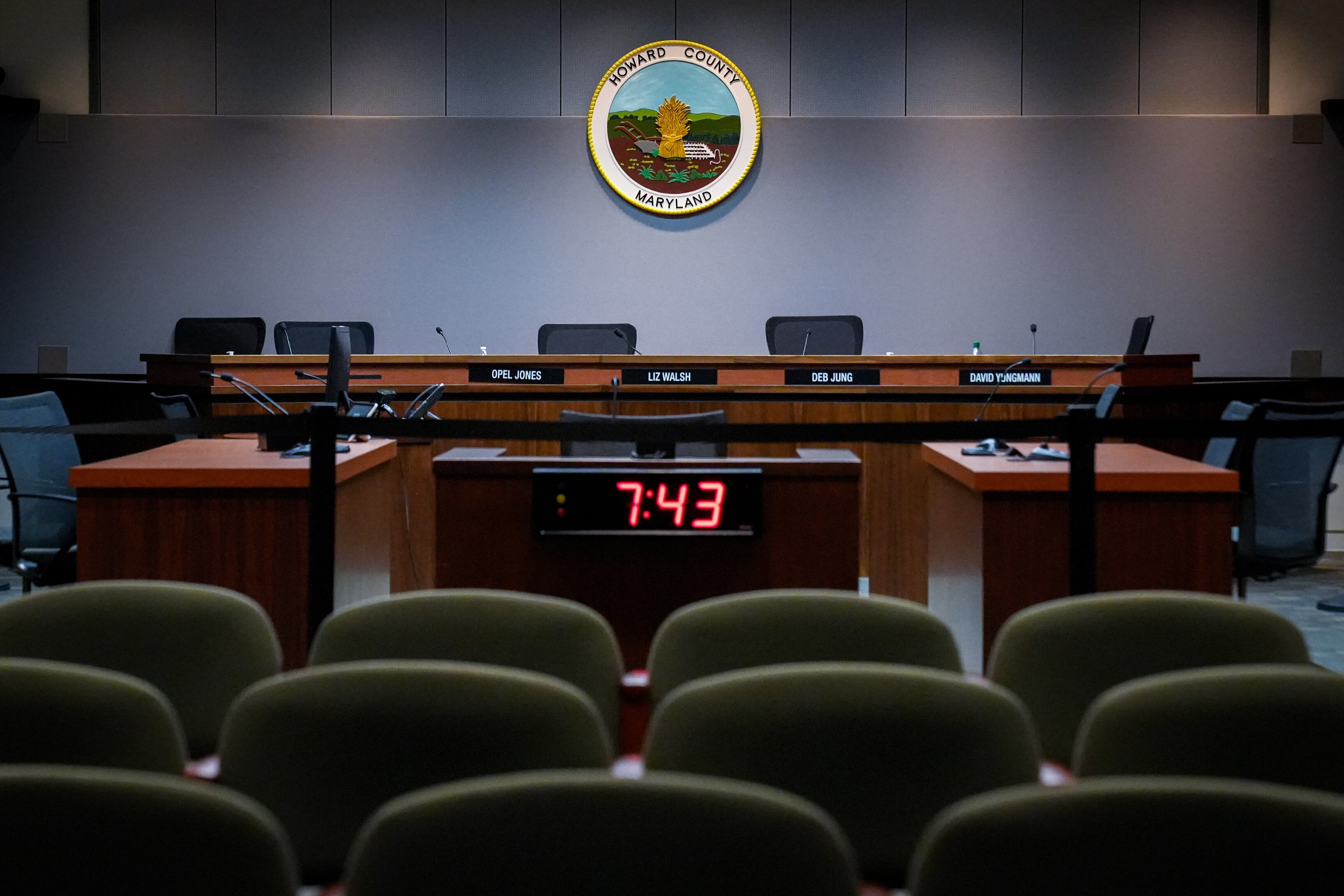 The Howard County Council’s chamber inside the George Howard government building in Ellicott City where the council meets, seen on February 5, 2024.