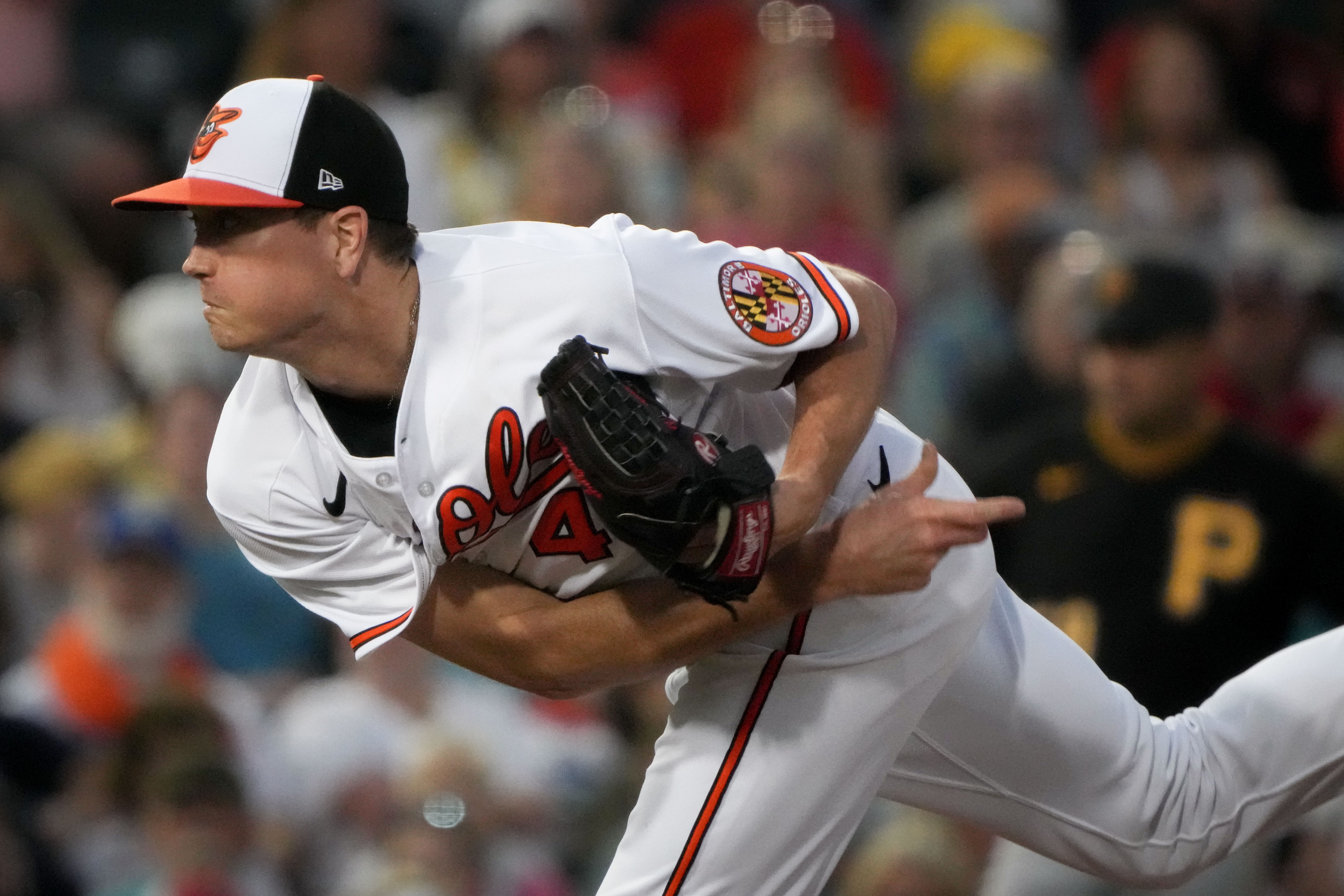 Kyle Gibson (48) delivers a pitch at Ed Smith Stadium during the second inning of a game against the Pittsburgh Pirates on 3/3/23. The Baltimore Orioles tied the Pirates, 1-1, in the Florida Grapefruit League matchup.