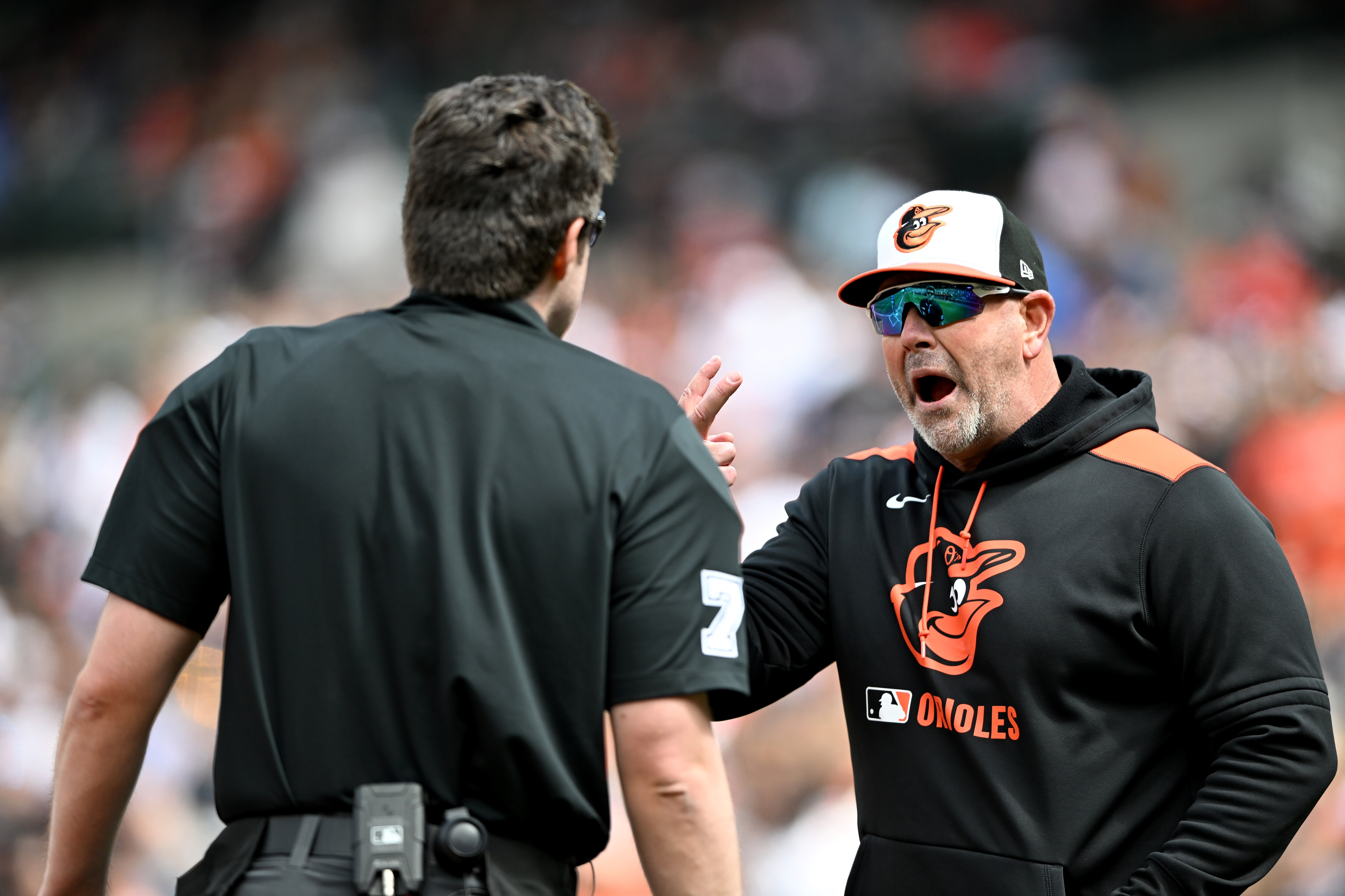 Brandon Hyde argues with home plate umpire John Bacon after being thrown out of the Orioles’ game against the Toronto Blue Jays on April 13.