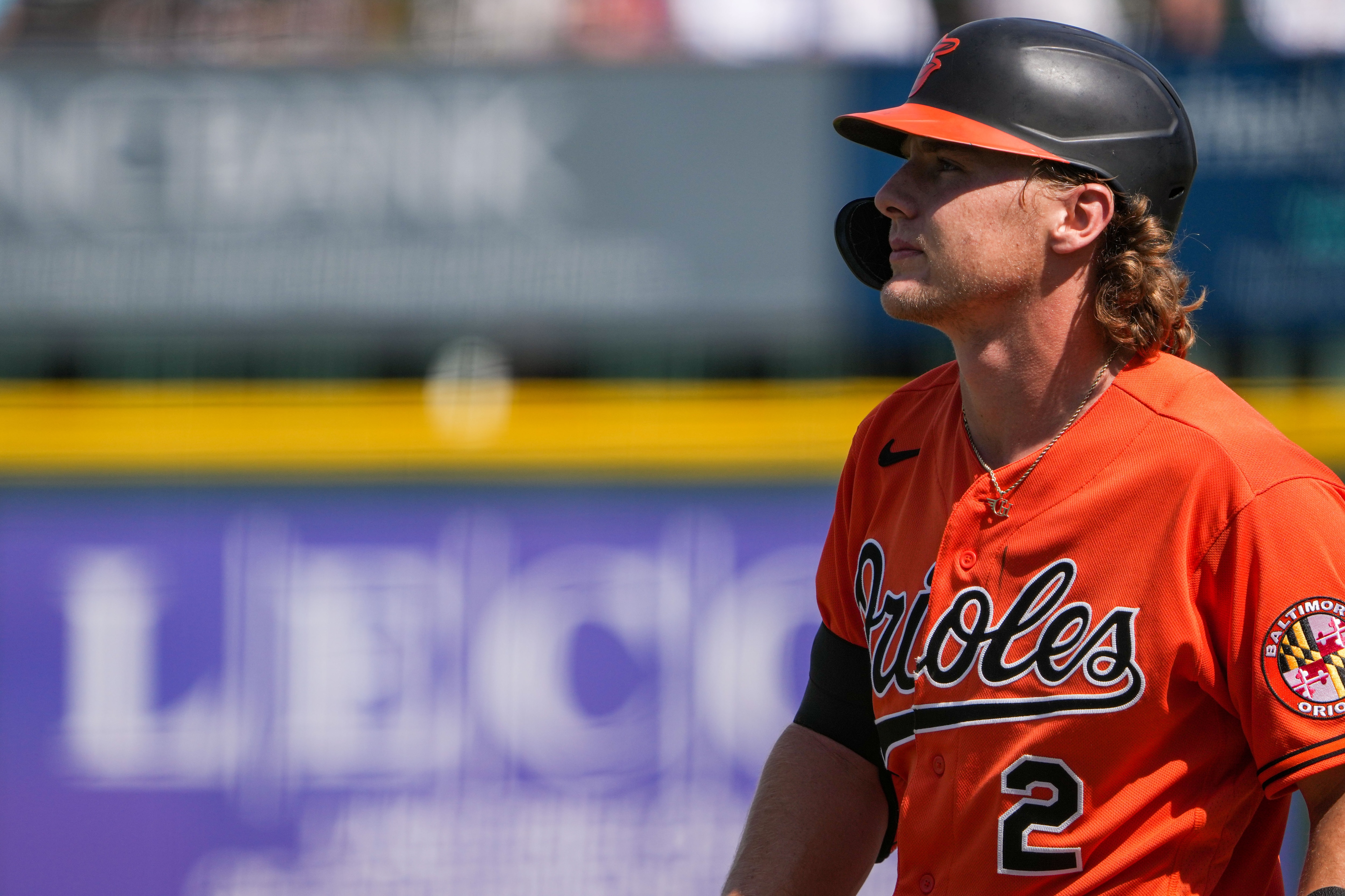 Gunnar Henderson (2) walks off the filed after striking out at LECOM Park in the third inning of a game against the Pittsburgh Pirates on 2/28/23. The Baltimore Orioles lost to the Pirates, 7-4, in their Florida Grapefruit League matchup.
