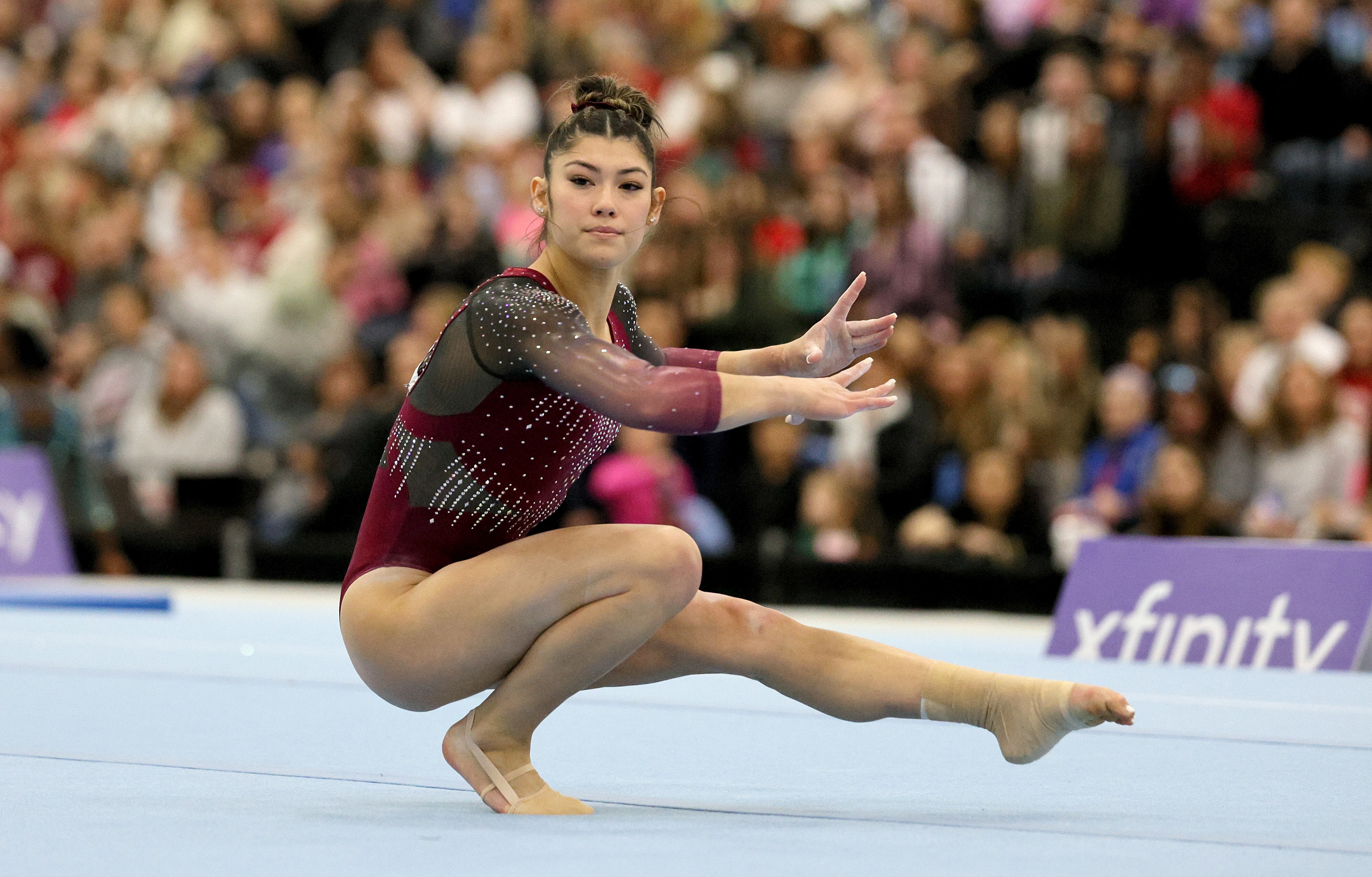 Kayla DiCello, pictured during the Winter Cup, injured her right leg at the Olympic trials Friday in Minneapolis.