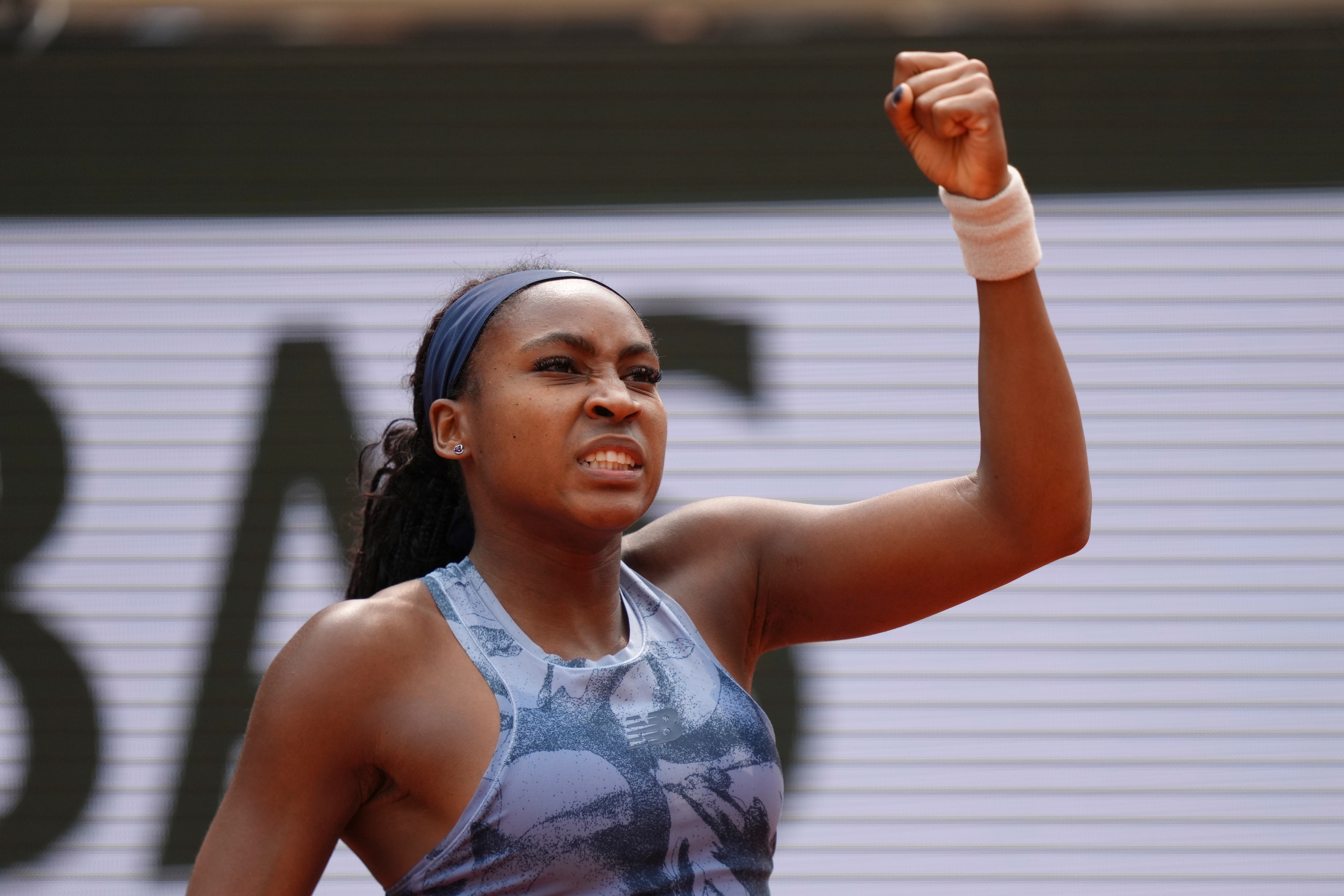 Coco Gauff of the U.S. reacts as she plays against Aryna Sabalenka of Belarus during their final match of the French Tennis Open at the Roland-Garros stadium in Paris, Saturday, June 7, 2025. (AP Photo/Aurelien Morissard)