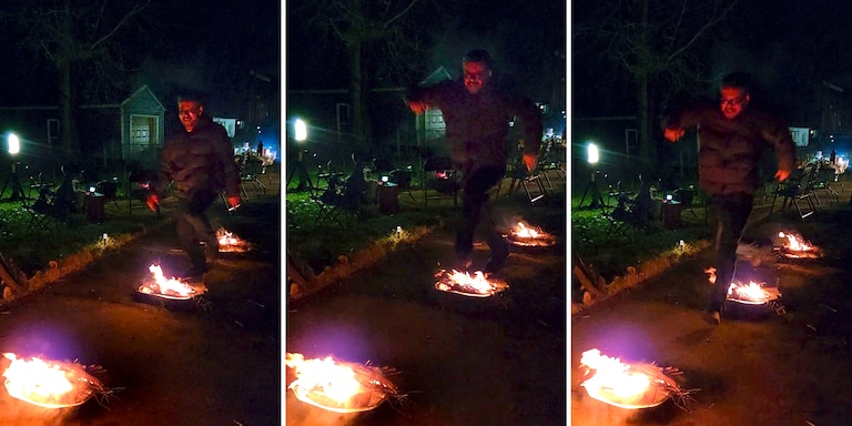 Arsia Rozegar jumps over bonfires in his backyard while celebrating Chaharshanbe Suri, a precursory celebration to Nowruz, the Persian New Year.