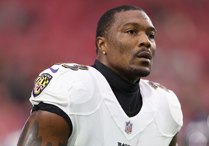 GLENDALE, ARIZONA - AUGUST 21: Safety Tony Jefferson #23 of the Baltimore Ravens warms up during the NFL preseason game at State Farm Stadium on August 21, 2022 in Glendale, Arizona. The Ravens defeated the Cardinals 24-17.