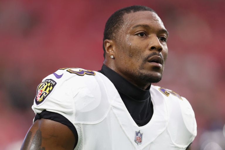 GLENDALE, ARIZONA - AUGUST 21: Safety Tony Jefferson #23 of the Baltimore Ravens warms up during the NFL preseason game at State Farm Stadium on August 21, 2022 in Glendale, Arizona. The Ravens defeated the Cardinals 24-17.