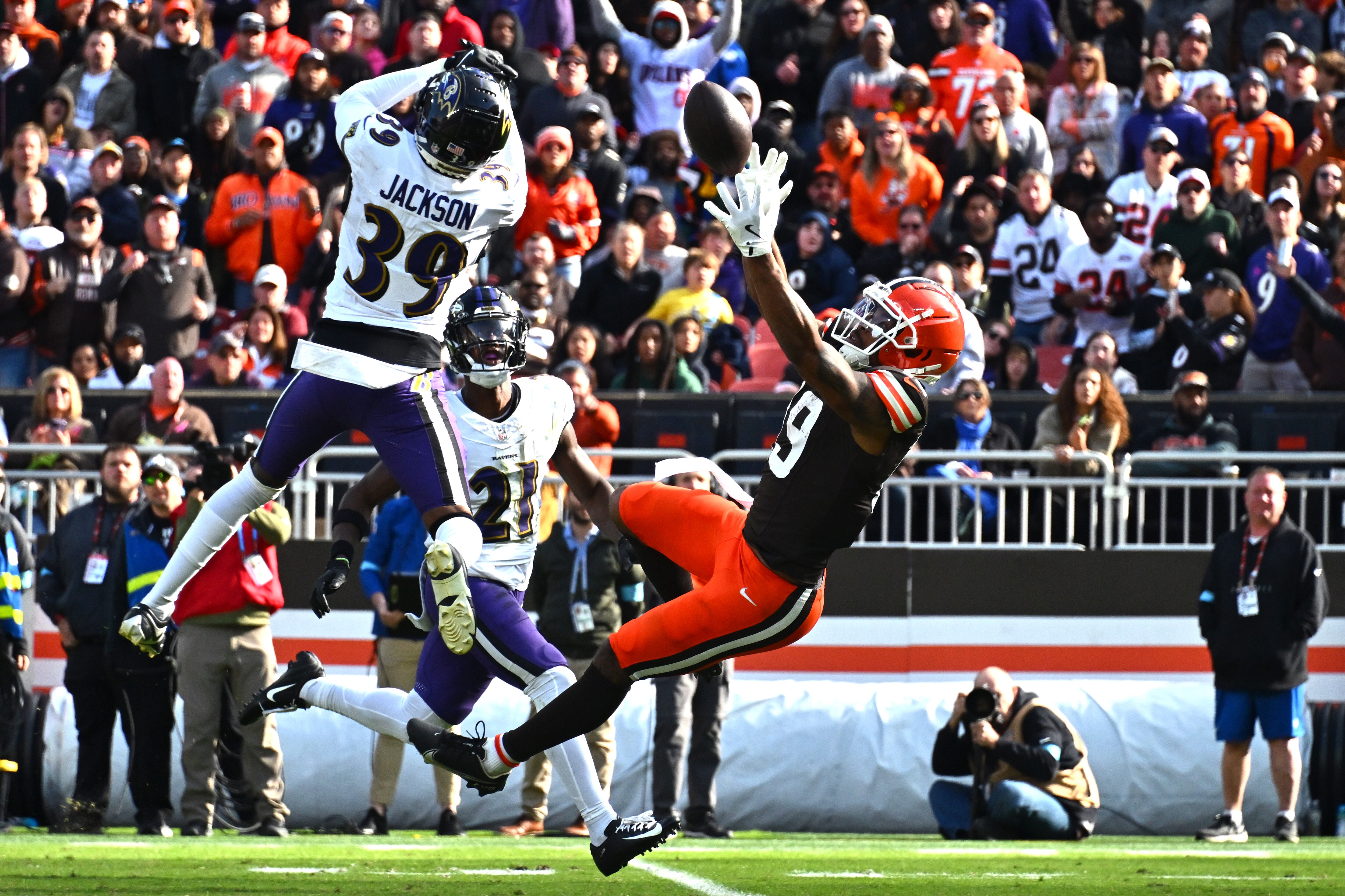 Ravens safety Eddie Jackson defends a pass to Cedric Tillman of the Browns last month.