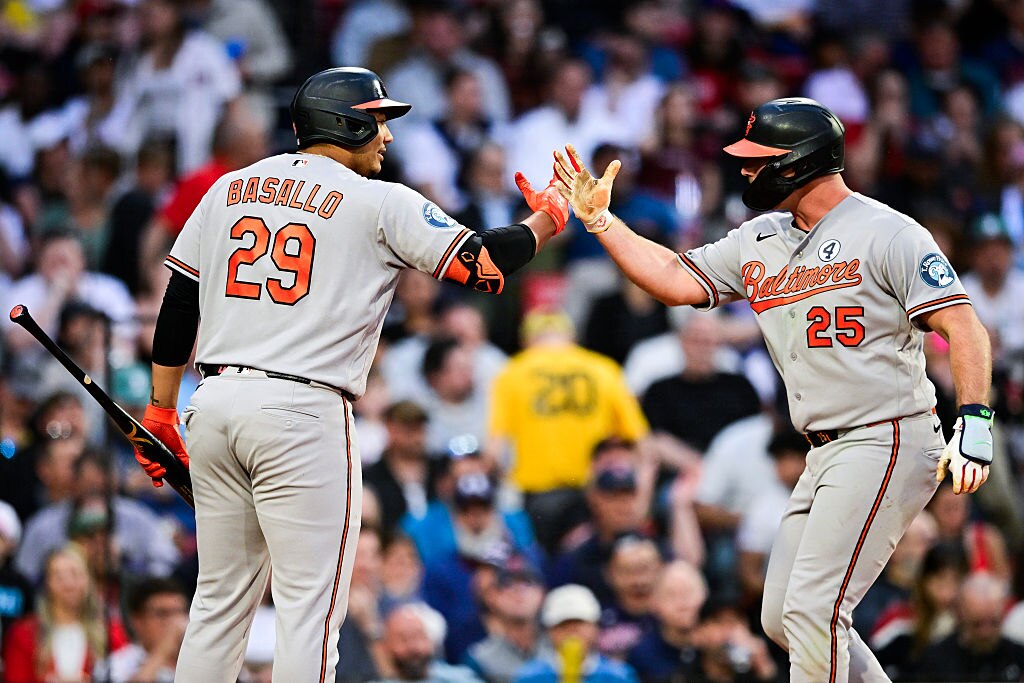 Orioles first baseman Pete Alonso is greeted at home by designated hitter Samuel Basallo after hitting a two-run home run in the third inning.