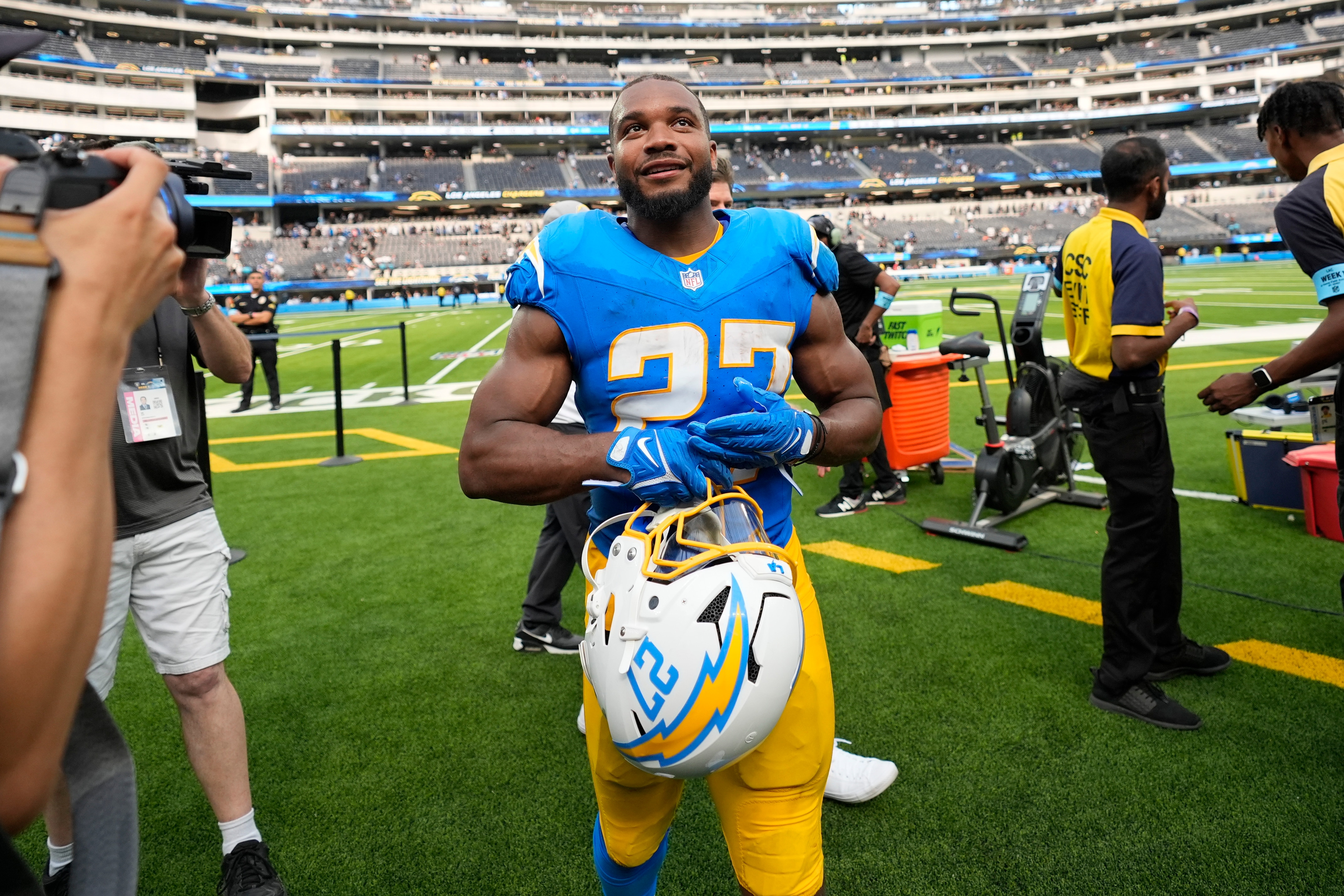 Los Angeles Chargers running back J.K. Dobbins leaves the field after a game against the Las Vegas Raiders.