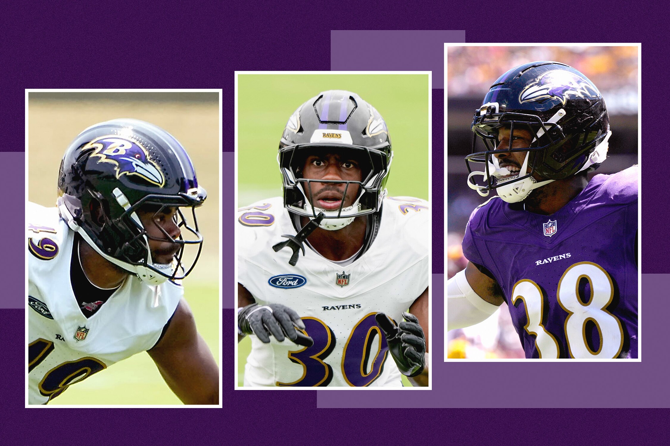 From left, Ravens linebacker Jay Higgins IV, safety Reuben Lowery III, and corner Keyon Martin.