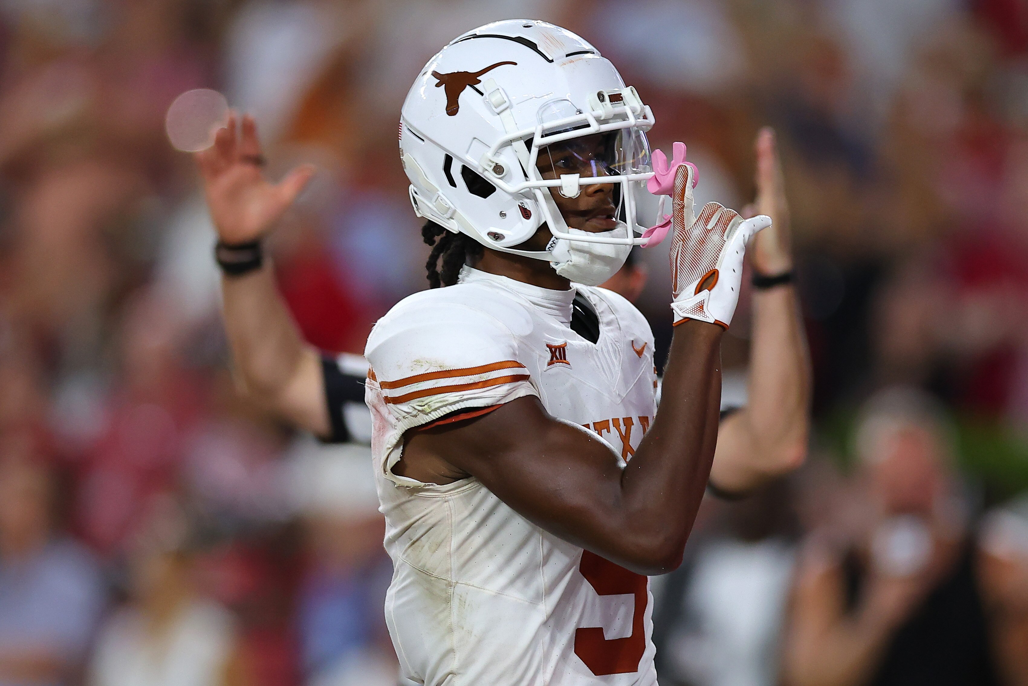 Adonai Mitchell of the Texas Longhorns celebrates after scoring a touchdown during the fourth quarter against the Alabama Crimson Tide at Bryant-Denny Stadium on Sep. 9, 2023, in Tuscaloosa, Alabama.