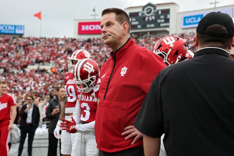 PASADENA, CALIFORNIA - JANUARY 01: Head coach Curt Cignetti of the Indiana Hoosiers looks on before the College Football Playoff Quarterfinal against the Alabama Crimson Tide at Rose Bowl Stadium on January 01, 2026 in Pasadena, California.