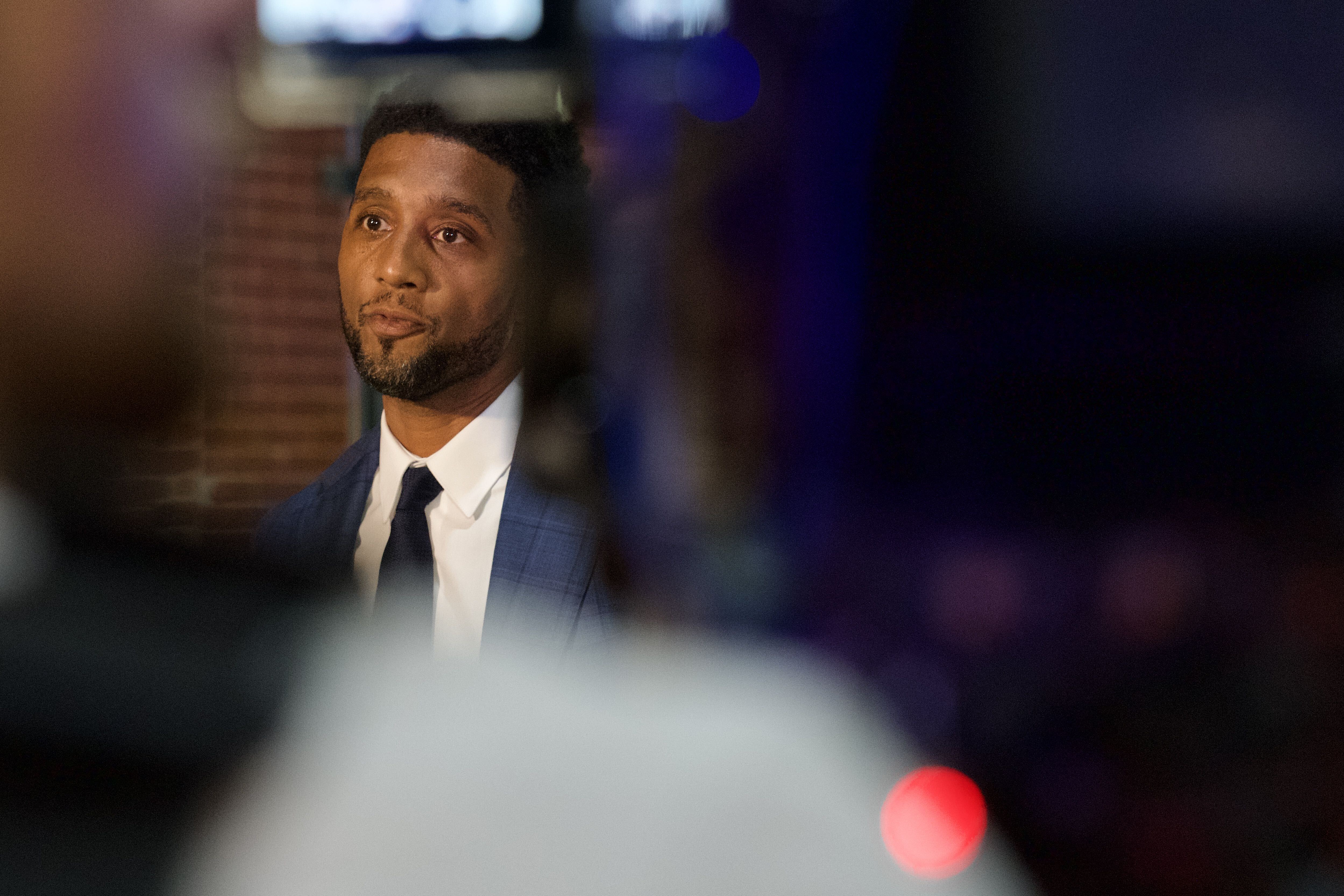Baltimore Mayor Brandon Scott speaks during a news conference after multiple people were shot in Baltimore’s Washington Hill neighborhood last week.