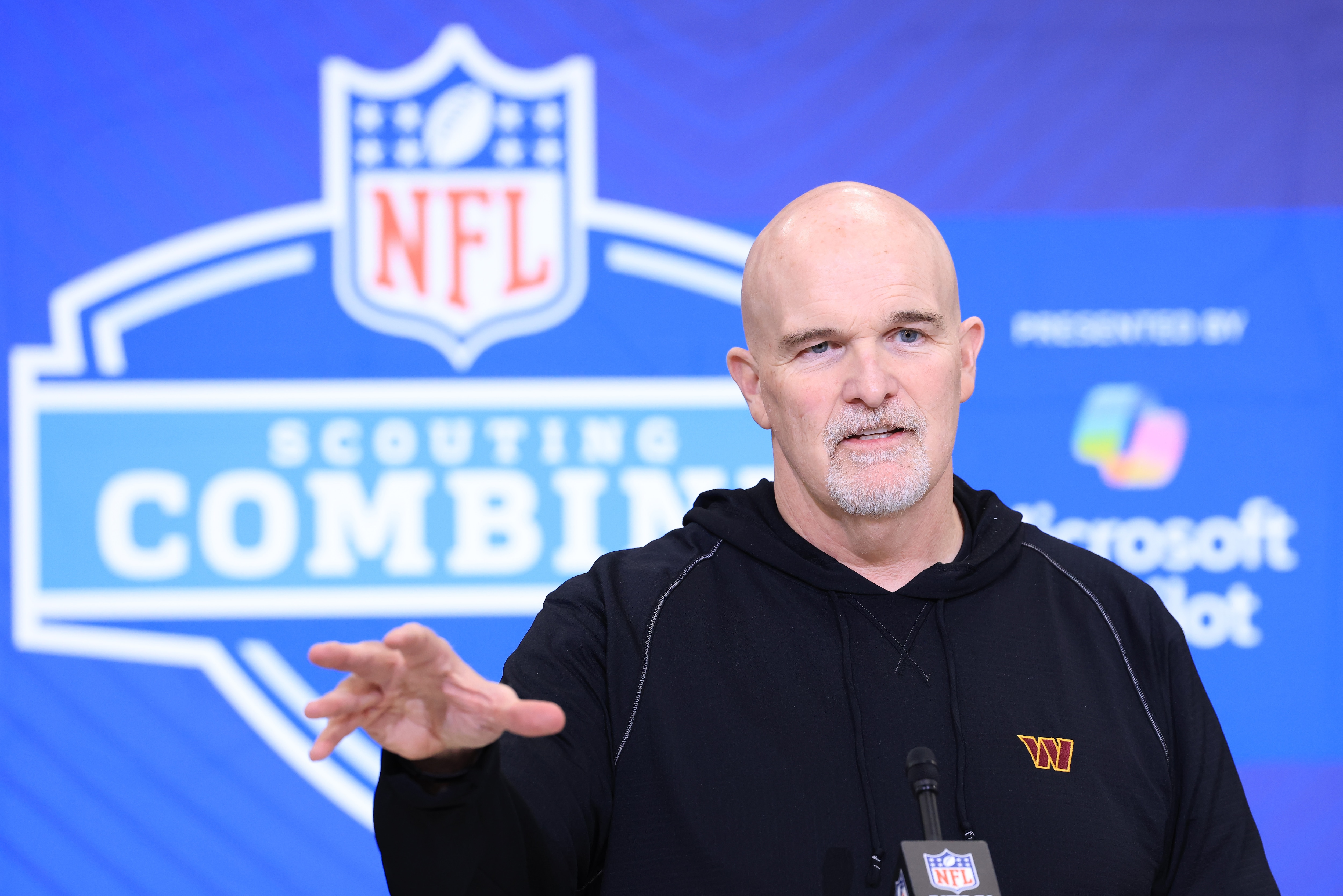 Washington Commanders head coach Dan Quinn speaks to the media during the 2026 NFL scouting combine at Lucas Oil Stadium.