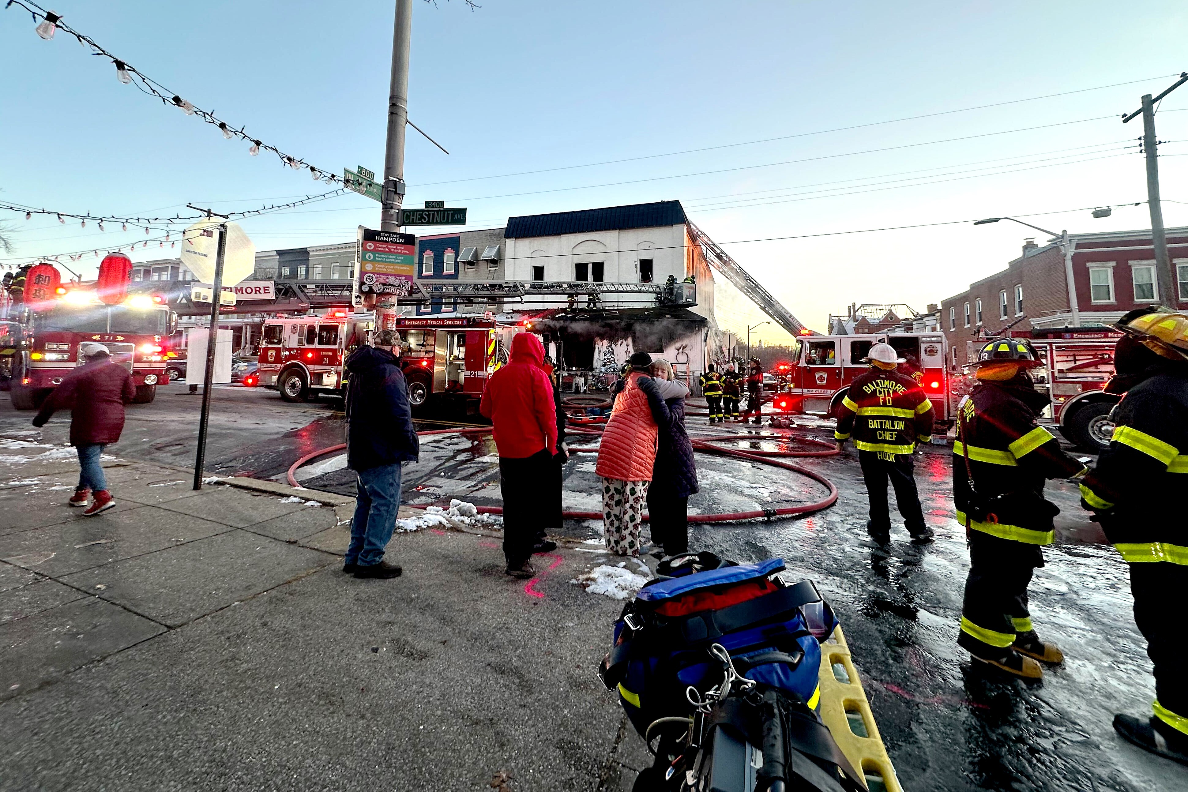 Baltimore City Fire Department crews respond to a blaze at Falkenhan’s Hardware in Hampden on Dec. 15, 2025.