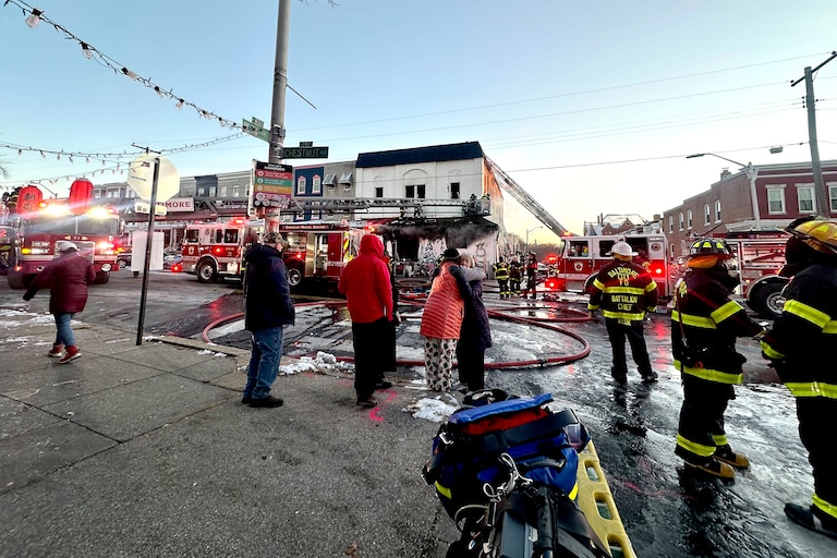 Baltimore City Fire Department crews respond to a blaze at Falkenhan’s Hardware in Hampden on Dec. 15, 2025.