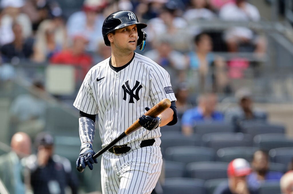 J.D. Davis #38 of the New York Yankees in action against the Cincinnati Reds at Yankee Stadium on July 04, 2024 in New York City. The Reds defeated the Yankees 8-4.