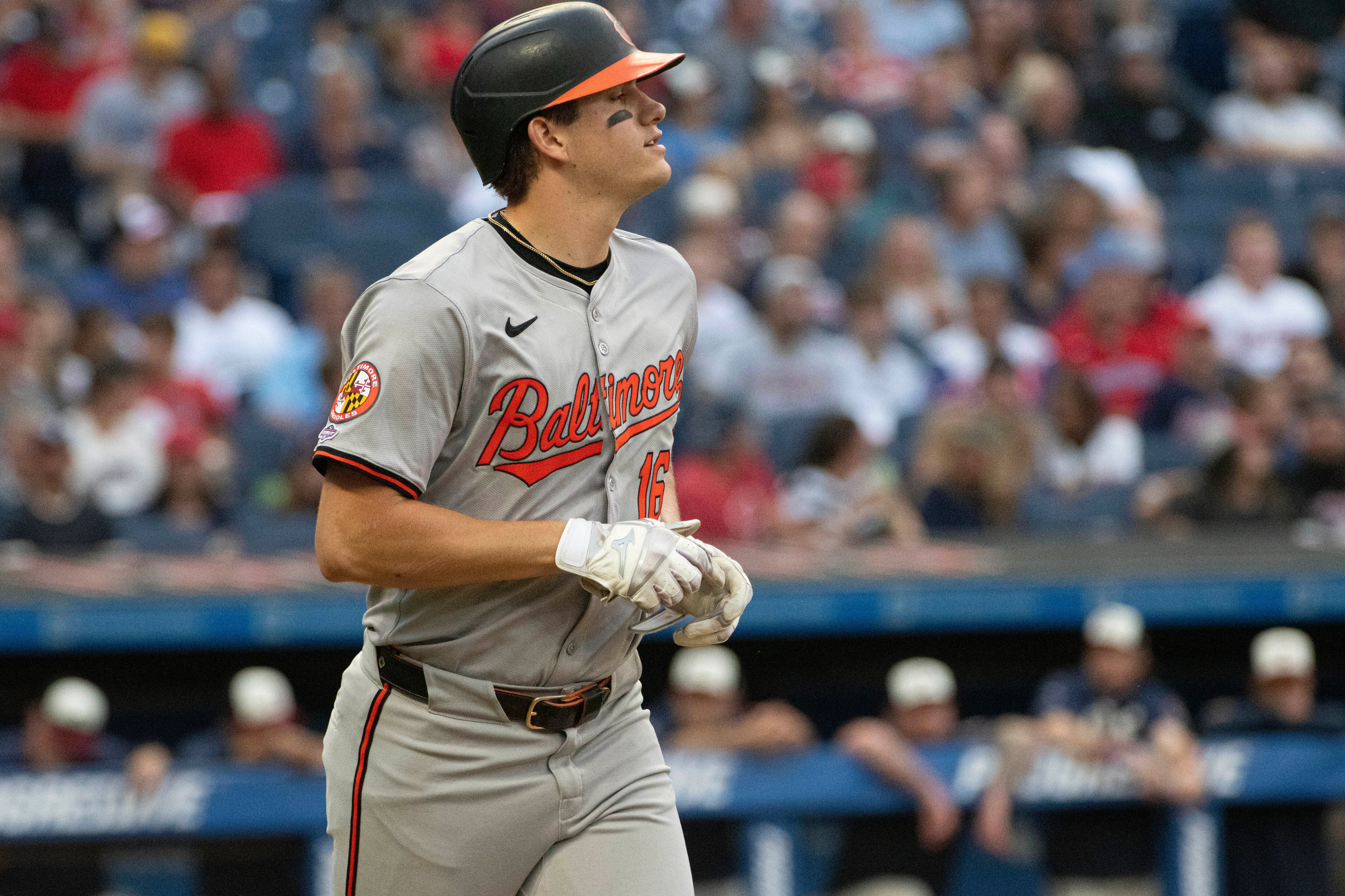 Orioles third baseman Coby Mayo heads to first base on one of his two walks Friday night in Cleveland.