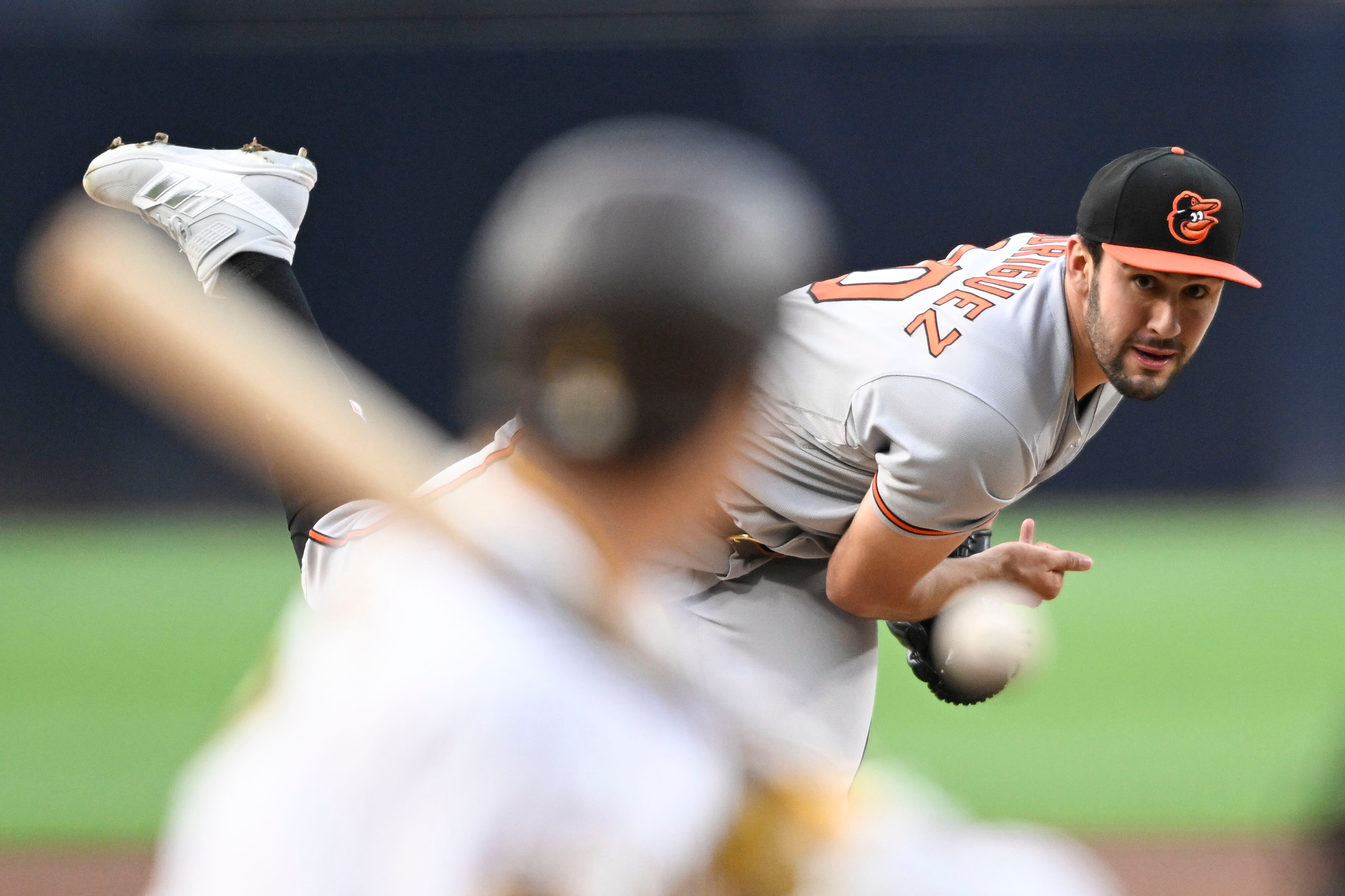 Grayson Rodriguez #30 of the Baltimore Orioles pitches during the first inning of a baseball game against the San Diego Padres on August 14, 2023 at Petco Park in San Diego, California.