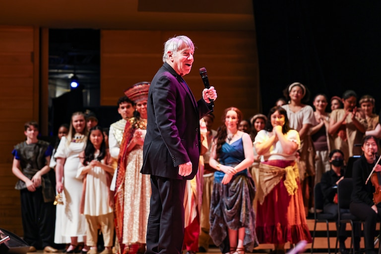 Stephen Schwartz, the acclaimed Broadway composer behind The Prince of Egypt, talks to students from Young Artists of America during a dress rehearsal of the musical at Strathmore Music Center in Silver Spring, Md.