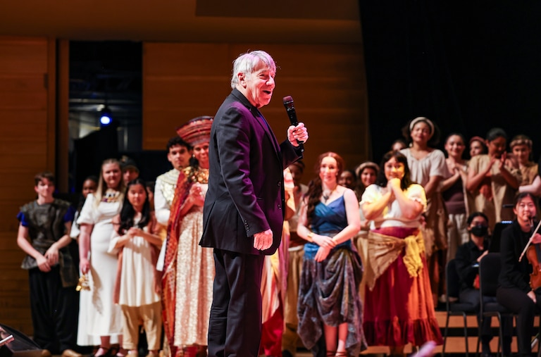 Stephen Schwartz, the acclaimed Broadway composer behind The Prince of Egypt, talks to students from Young Artists of America during a dress rehearsal of the musical at Strathmore Music Center in Silver Spring, Md.