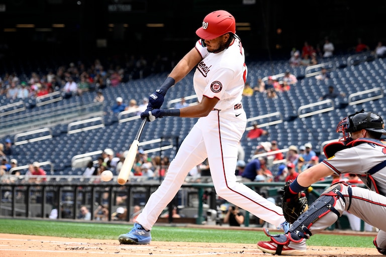 Washington Nationals' James Wood grounds out during the first inning.