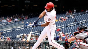 Washington Nationals' James Wood grounds out during the first inning.