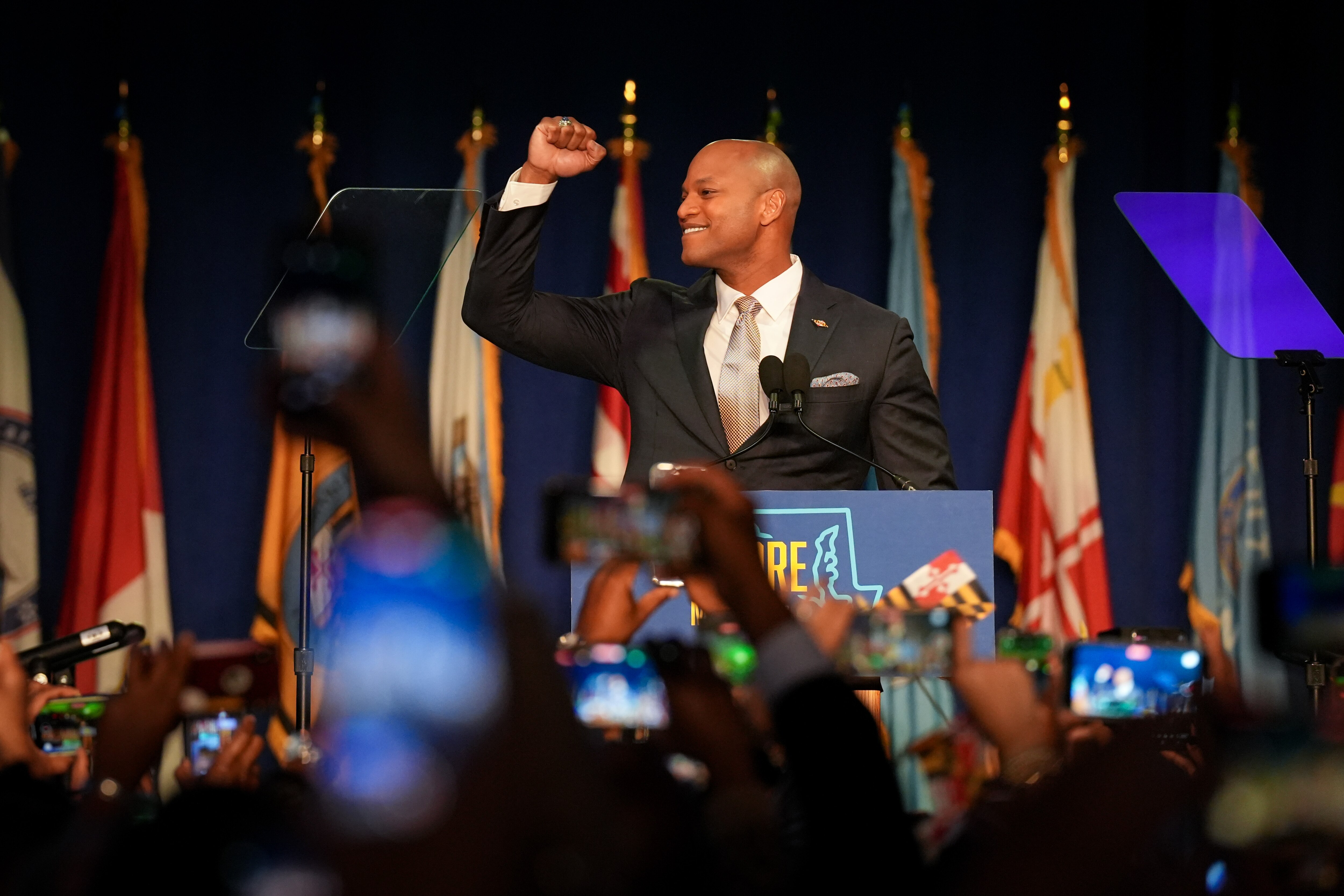 Democratic gubernatorial candidate Wes Moore declares victory at an Election Night event at the Baltimore Marriott Waterfront on Tuesday, November 8. Democratic candidates Wes Moore, Aruna Miller, Chris Van Hollen, Anthony Brown and Brooke Lierman held a combined event beginning at 8 p.m. as the polls closed.