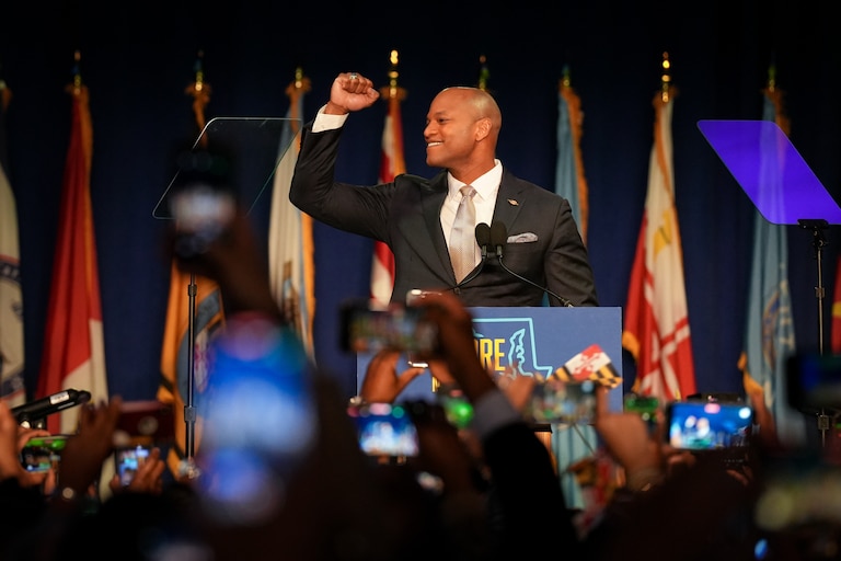 Democratic gubernatorial candidate Wes Moore declares victory at an Election Night event at the Baltimore Marriott Waterfront on Tuesday, November 8. Democratic candidates Wes Moore, Aruna Miller, Chris Van Hollen, Anthony Brown and Brooke Lierman held a combined event beginning at 8 p.m. as the polls closed.
