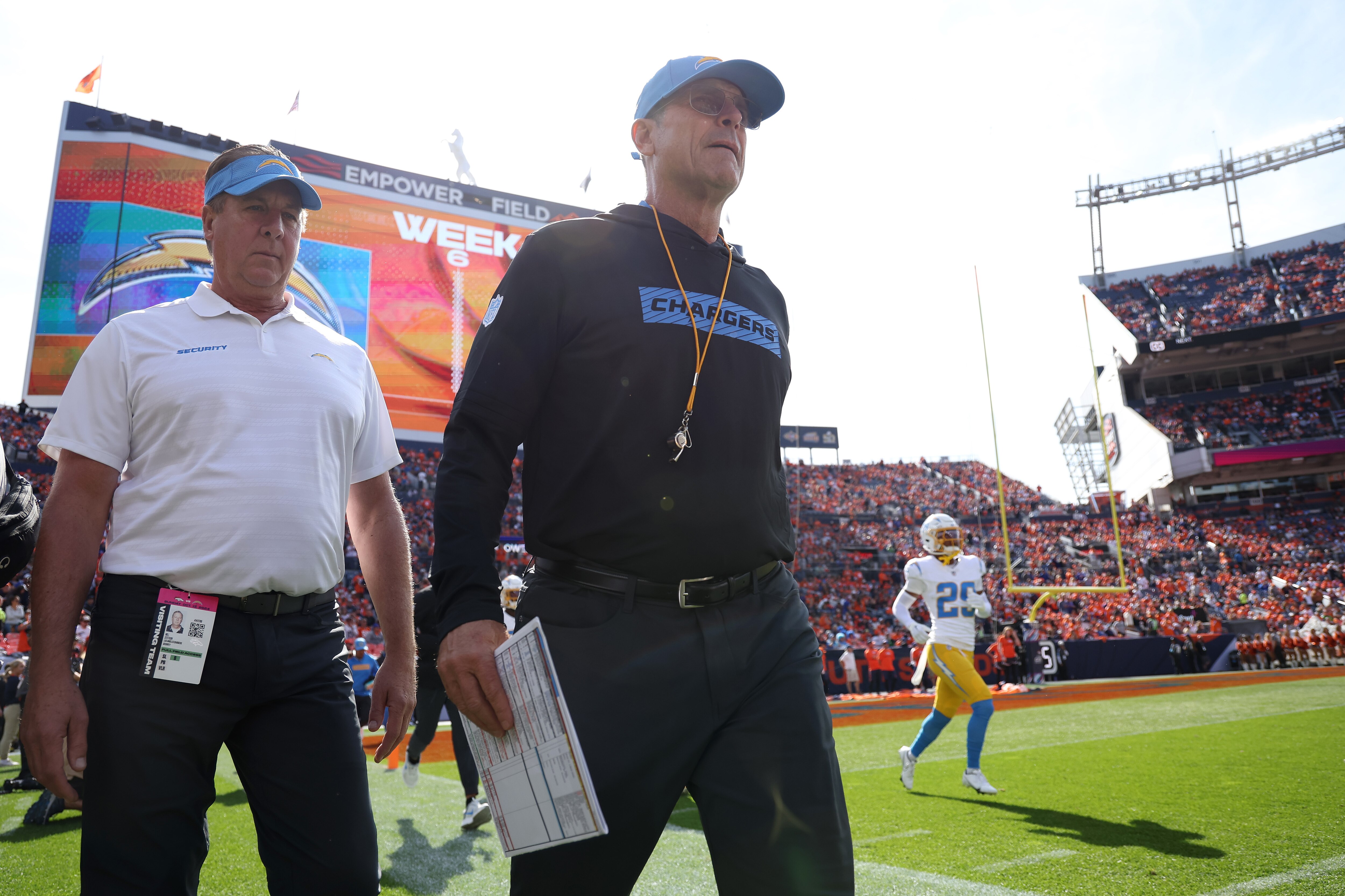 Head coach Jim Harbaugh looks on before playing the Denver Broncos at Empower Field At Mile High on Oct. 13, 2024, in Denver, Colorado.