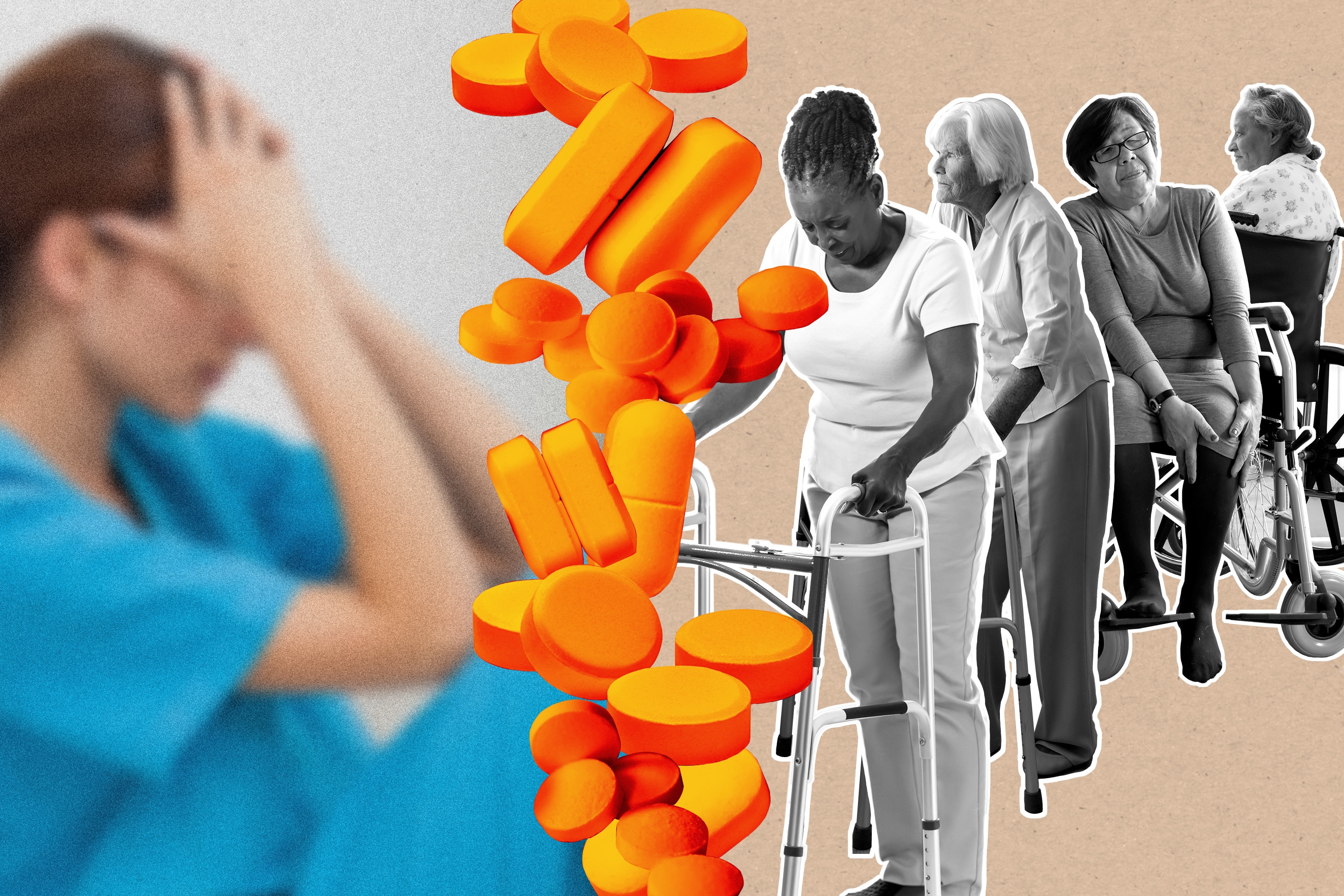 Photo collage showing tired nurse covering her face with her hands on left, separated by a vertical row of pills from a line of elderly women with walkers and wheelchairs.