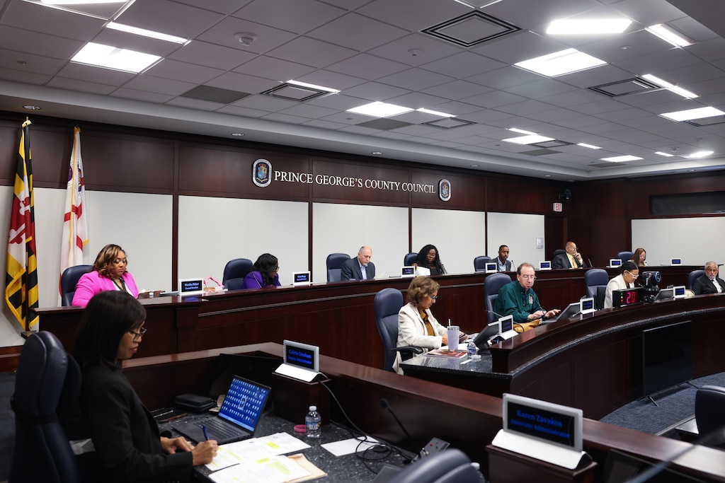 Prince George’s County Council members during a council meeting at the Wayne K. Curry Administration Building in Largo, Md.