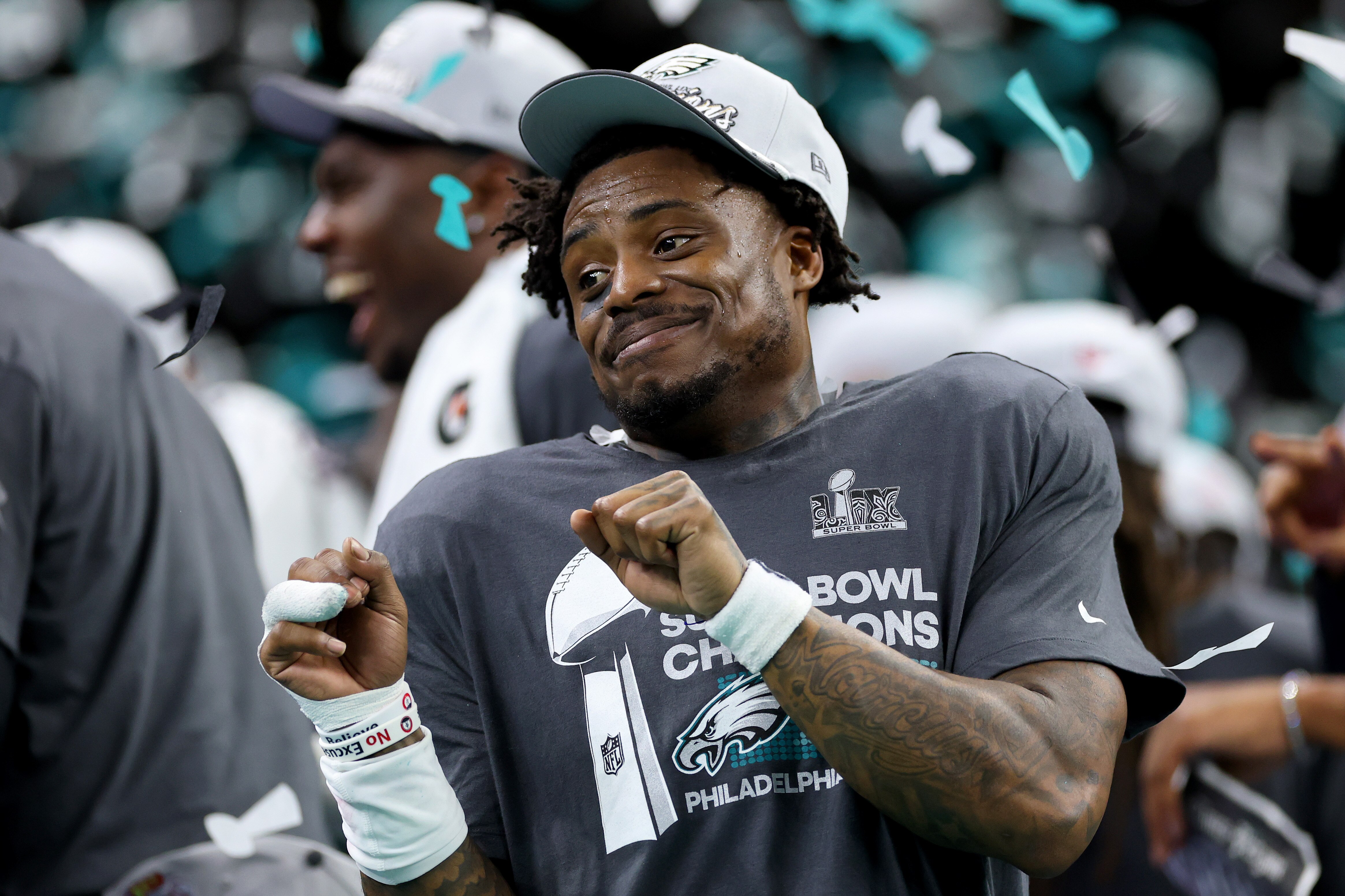 Safety C.J. Gardner-Johnson celebrates the Philadelphia Eagles’ win in Super Bowl LIX.
