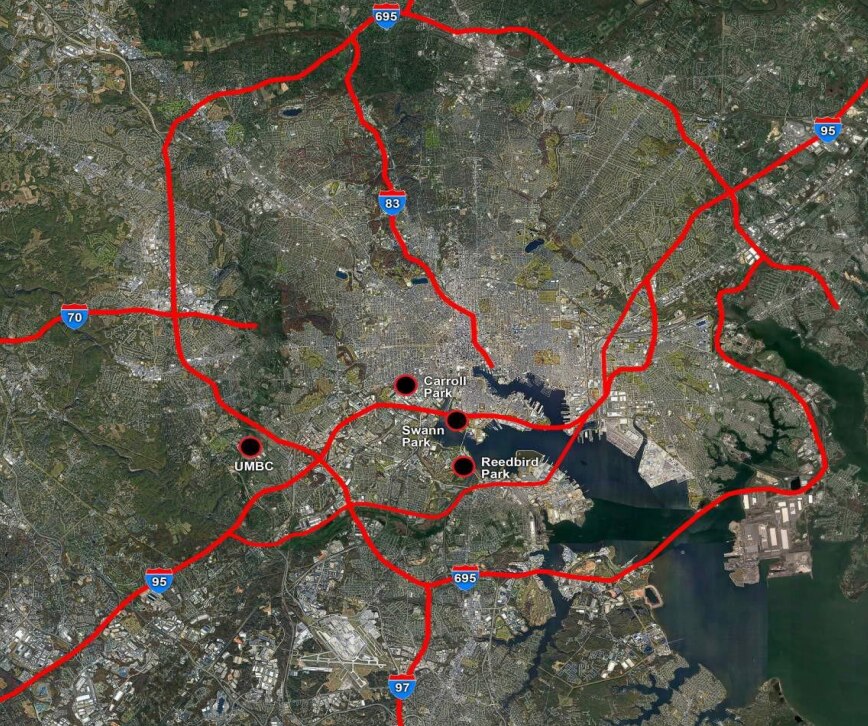 A map of the four initial sites for a potential soccer stadium in Baltimore, which is now shortlisted to two.