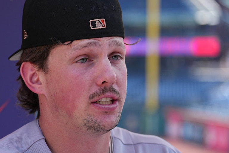 Orioles catcher Adley Rutschman speaks to media on Monday during the MLB baseball All-Star Week.