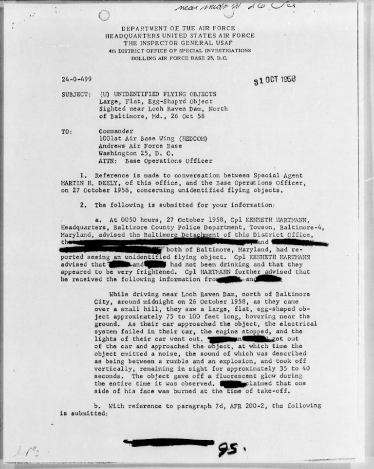A scan of a 1958 letter to the U.S. Air Force Inspector General to the Andrews Air Force Base Commander about the investigation about a UFO sighting by Phillip Small and Alvin Cohen. Portions of the letter were redacted when released by U.S. Air Force’s Project Bluebook.