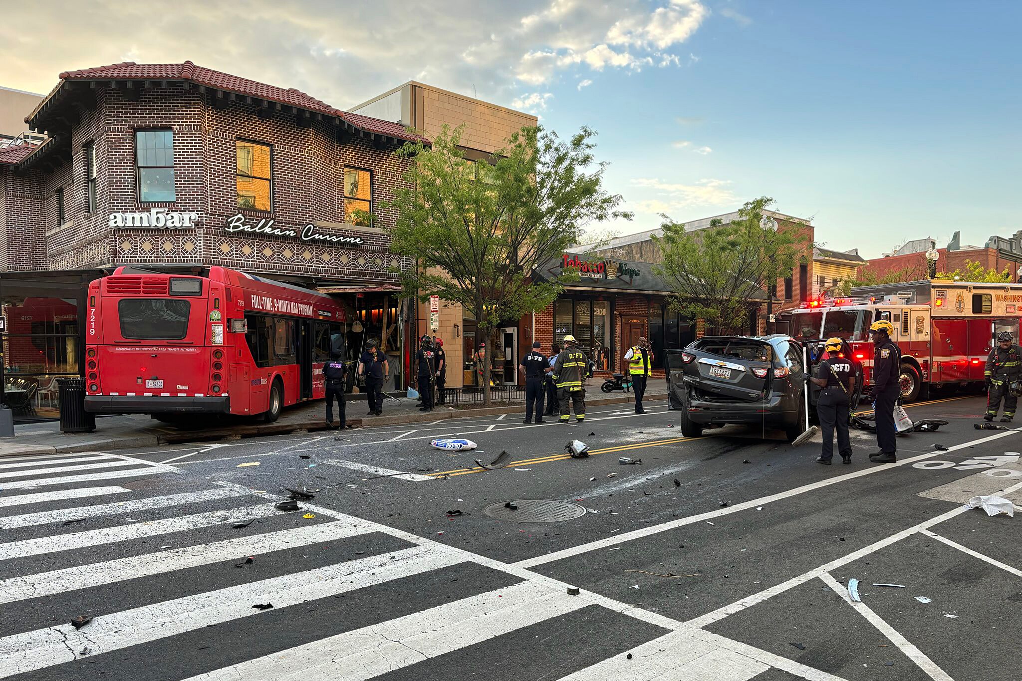 SATURDAY, APRIL 4, 2026 -  A crash at 7th and Q Streets in NW DC where a bus was struck by a vehicle, causing it to crash into a building. Three people sustained minor injuries.