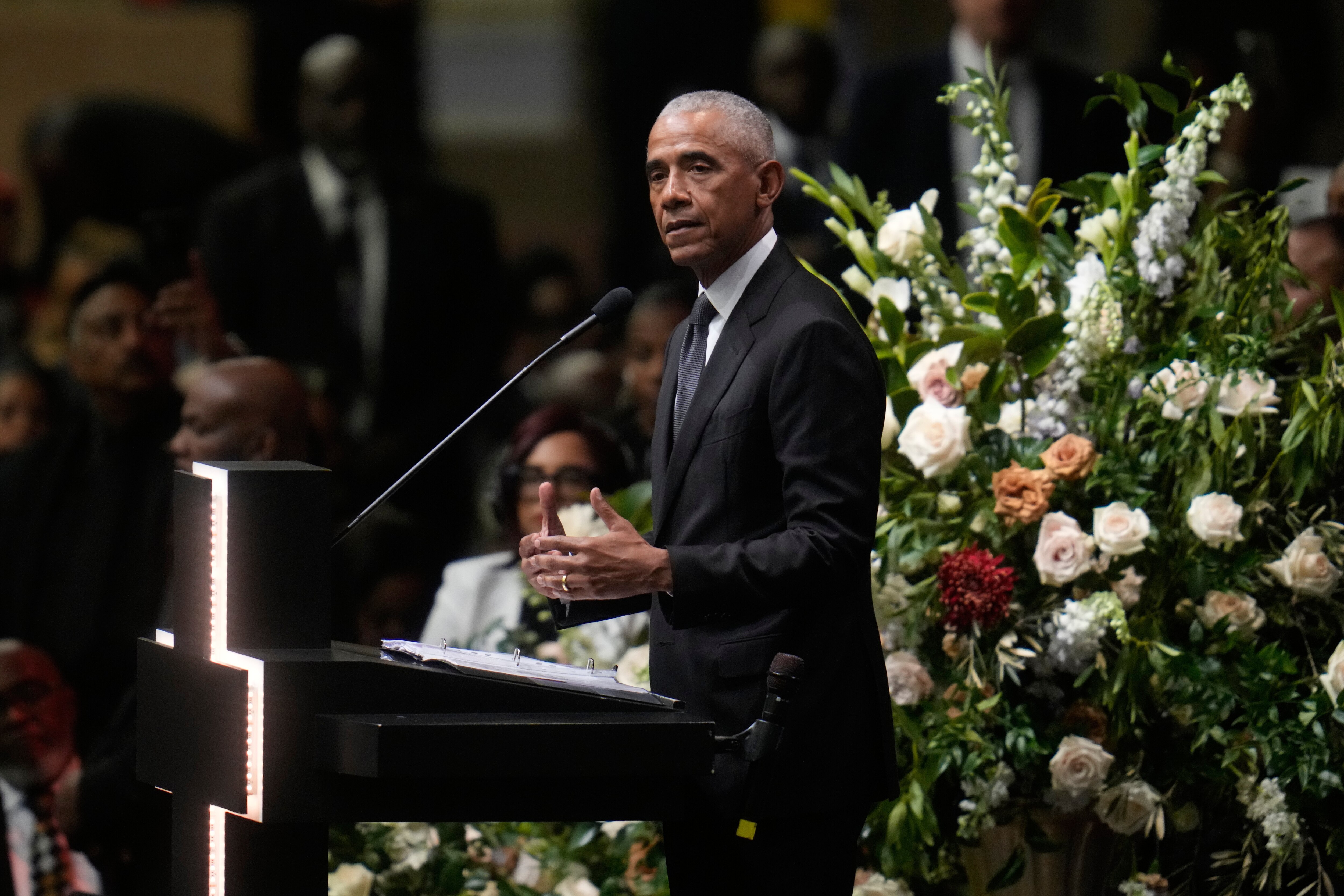 Former President Barack Obama speaks during the Public Homegoing Service for the Rev. Jesse Jackson at the House of Hope in Chicago, Friday, March 6, 2026.