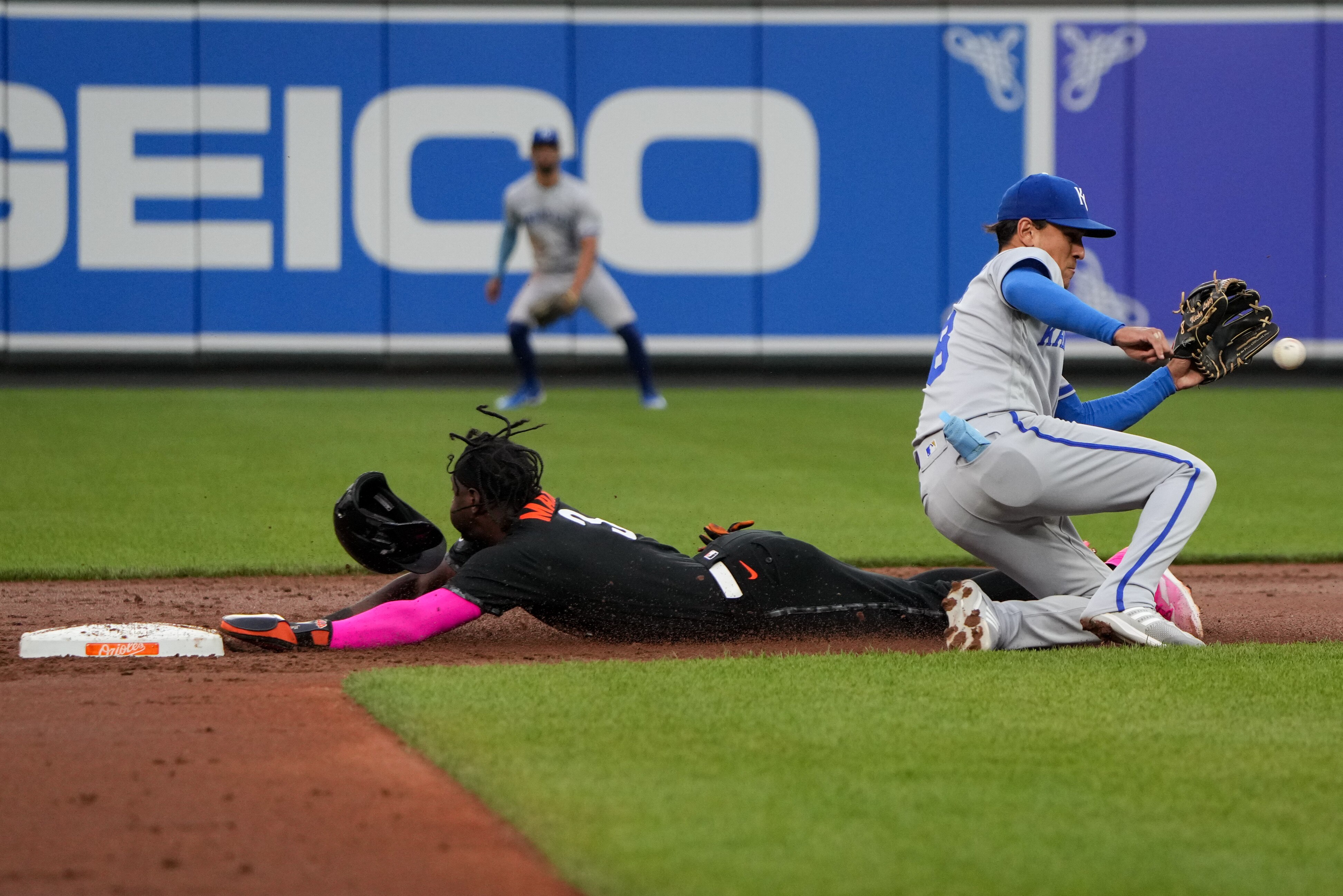 Baltimore Orioles shortstop Jorge Mateo (3) successfully steals second base in a game against the Kansas City Royals at Camden Yards on Friday, June 9, 2023.