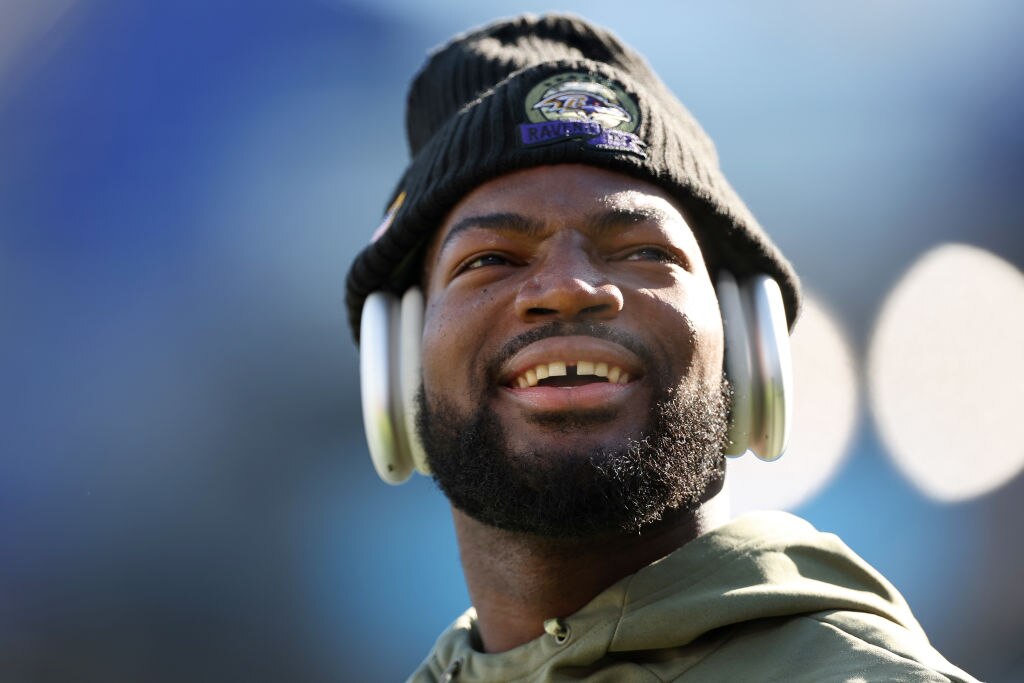 Tyus Bowser, #54 of the Baltimore Ravens, looks on before a game against the Carolina Panthers at M&T Bank Stadium on Nov. 20, 2022 in Baltimore, Maryland.