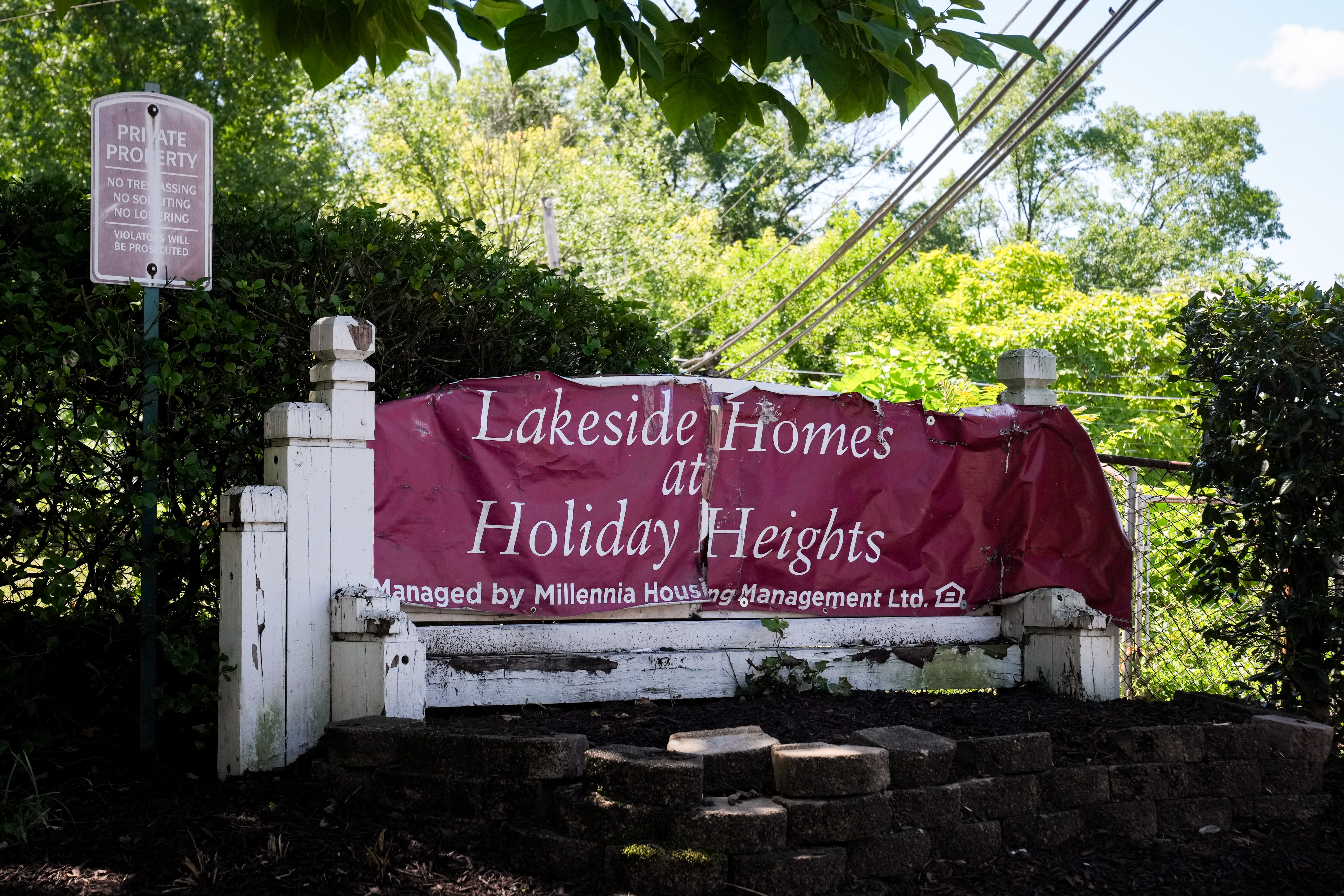 The exterior sign of the Lakeside Homes at Holiday Heights apartment complex in Lansdowne on July 3, 2024.