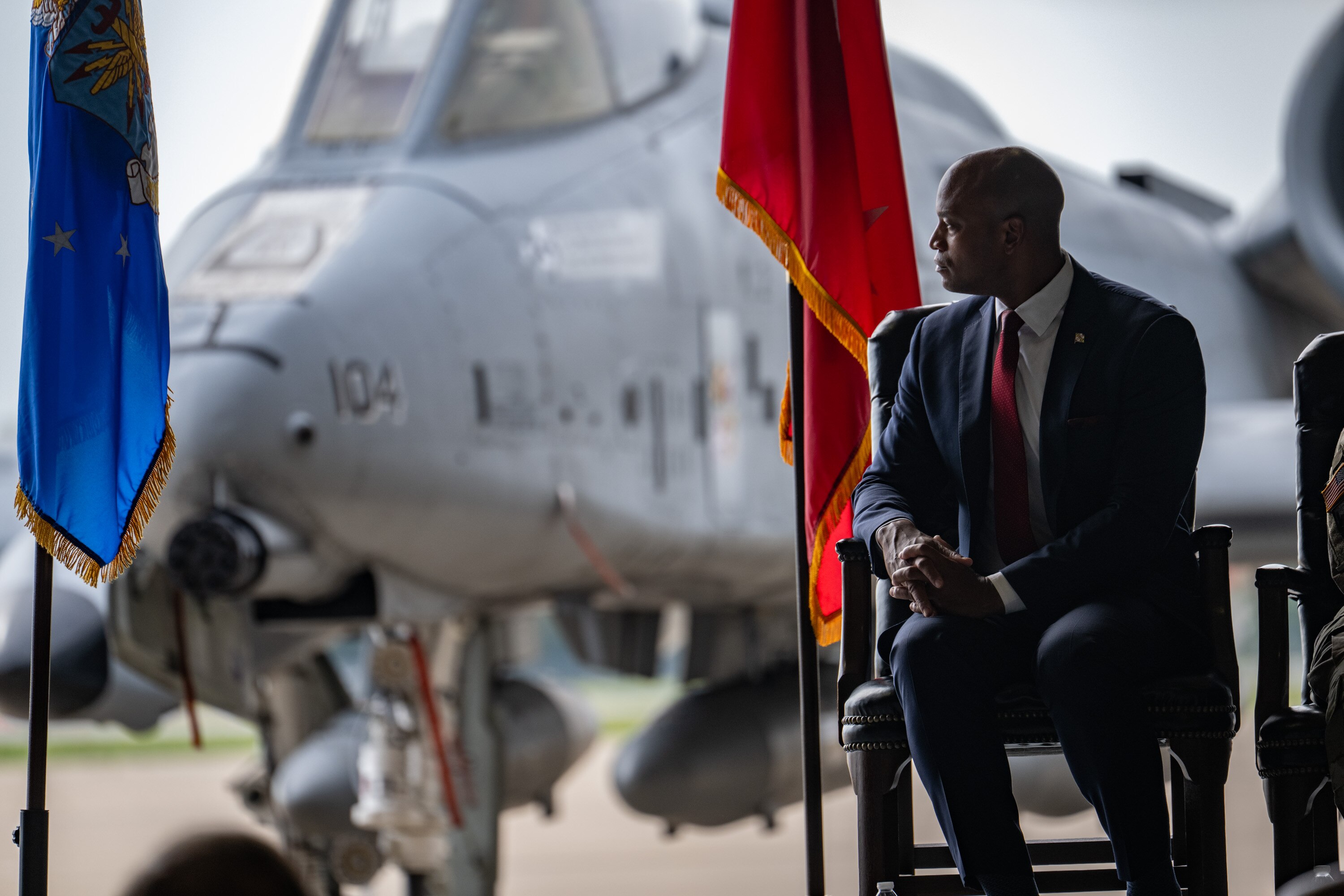 Gov. Wes Moore at the Warfield Air National Guard Base during the deactivation ceremony for the A-10C Thunderbolt.