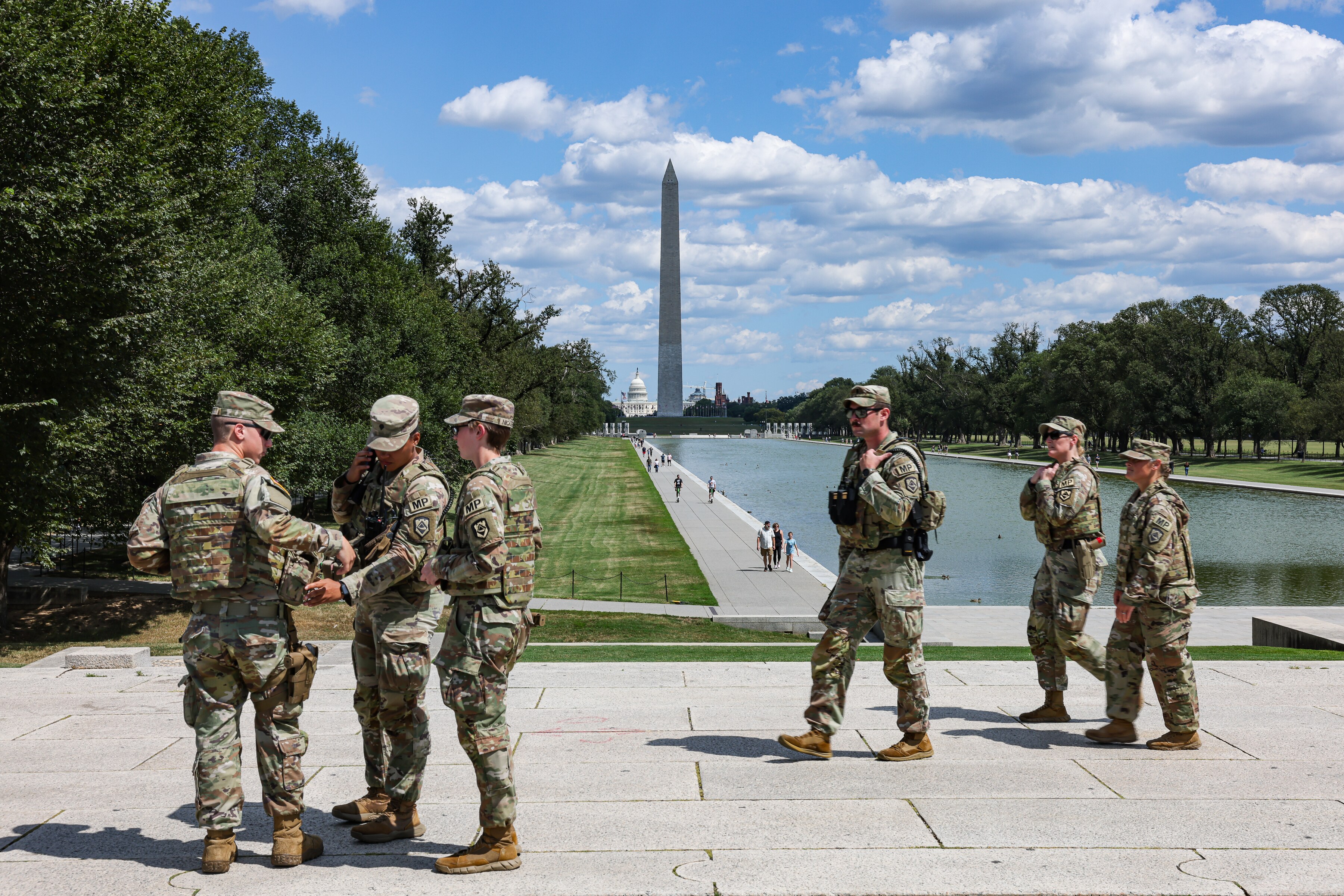 Members of the West Virginia National Guard patrol the National Mall in front of the Lincoln Memorial on Wednesday.