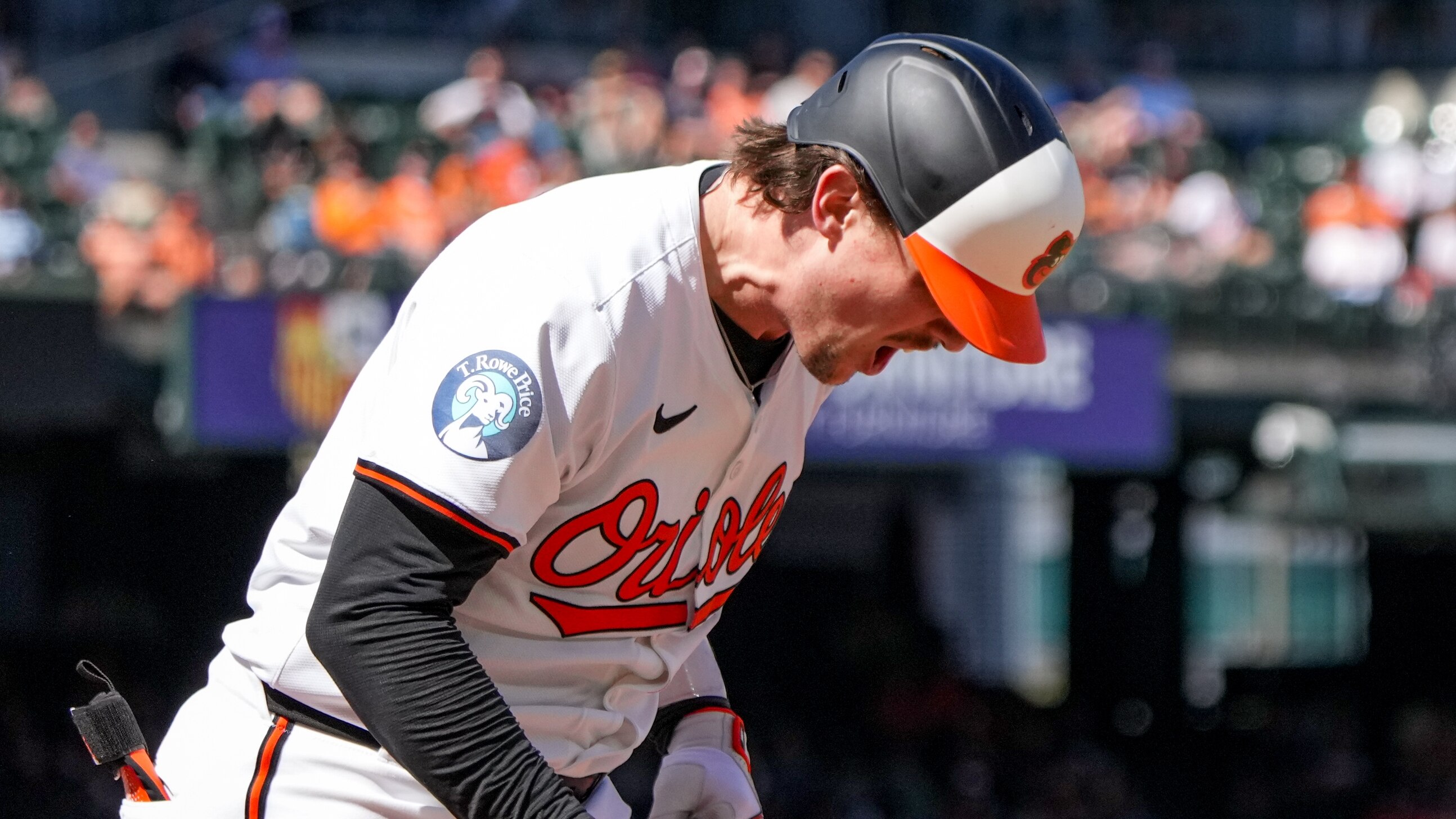 Baltimore Orioles catcher Adley Rutschman (35) shouts in frustration after striking out during a game against the Tampa Bay Rays at Camden Yards in Baltimore on September 8, 2024.