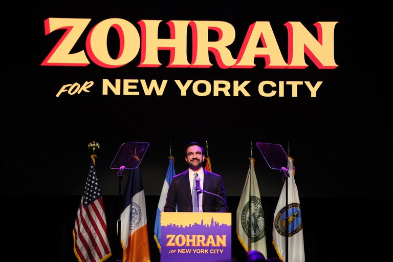 NEW YORK, NEW YORK - NOVEMBER 04: New York City Democratic mayoral candidate Zohran Mamdani delivers remarks at his election night watch party at the Brooklyn Paramount on November 4, 2025 in the Brooklyn borough of New York City. Mamdani defeated Independent candidate Andrew Cuomo and Republican candidate Curtis Sliwa in the closely watched election for New York City mayor. (Photo by Michael M. Santiago/Getty Images)