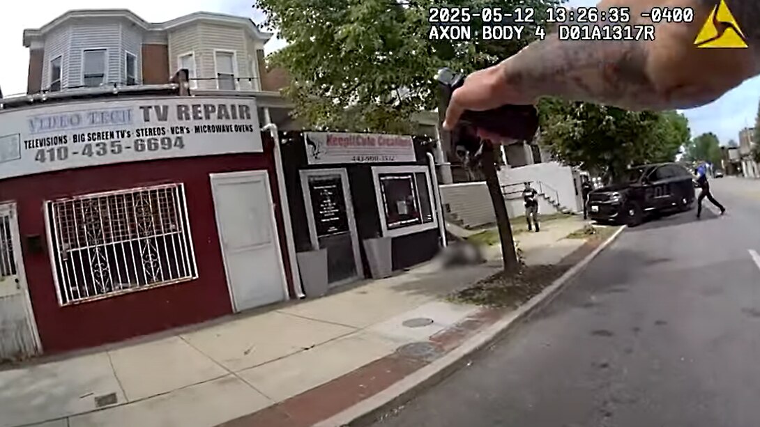 A still image from Detective Enger Jimenez's body cam footage released on Thursday, May 22, 2025, by the Baltimore Police Department, showing officers chased a 26-year-old man down the 4600 block of York Road earlier this month.