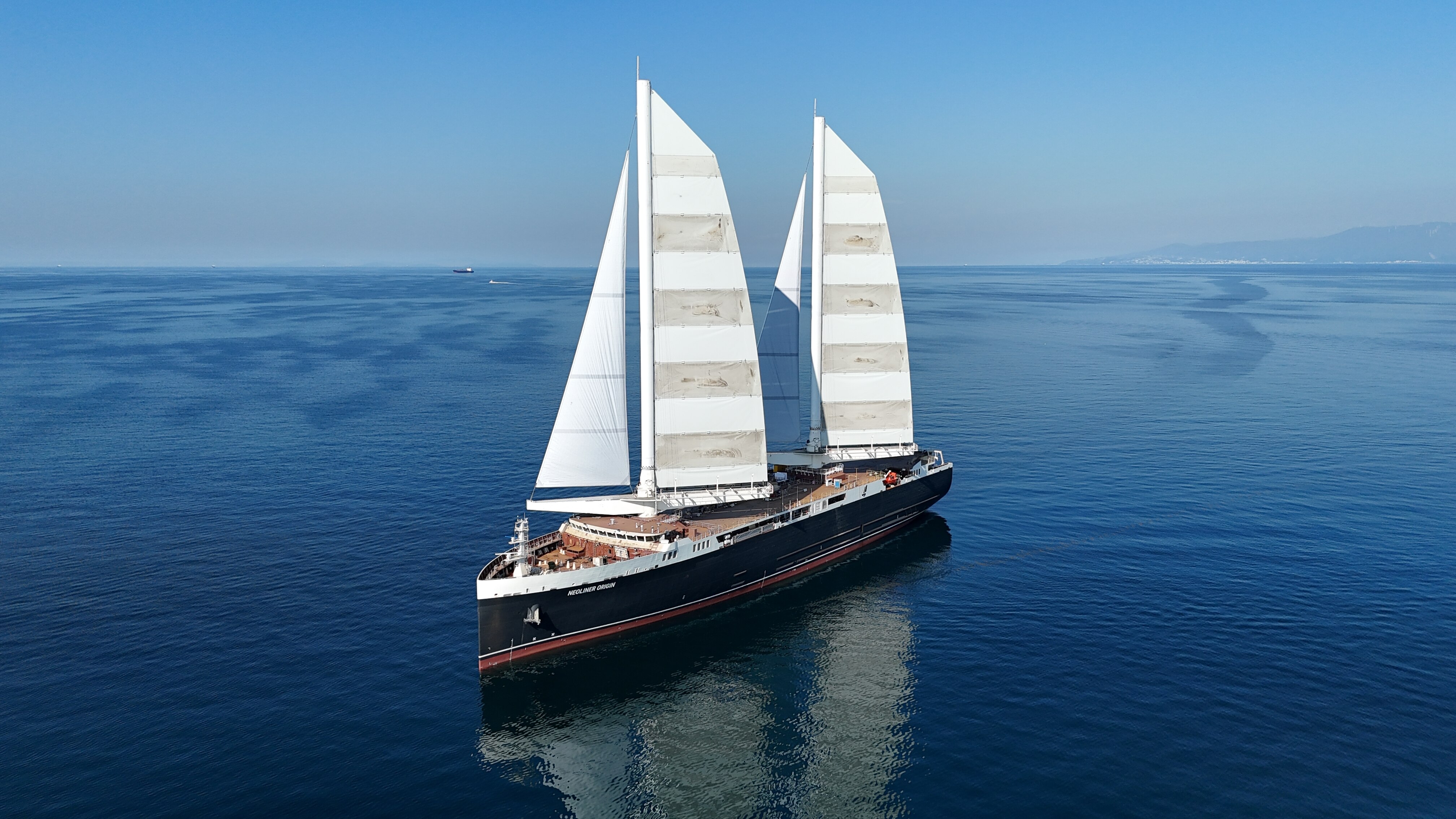 The Neoliner Origin, pictured during a sea trial earlier this year, has two mainsails and two jibs.