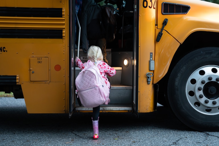 MONDAY, OCTOBER 13, 2025 — Ava Funk, 5, boards her school bus to Davidsonville Elementary School in Riva, MD.