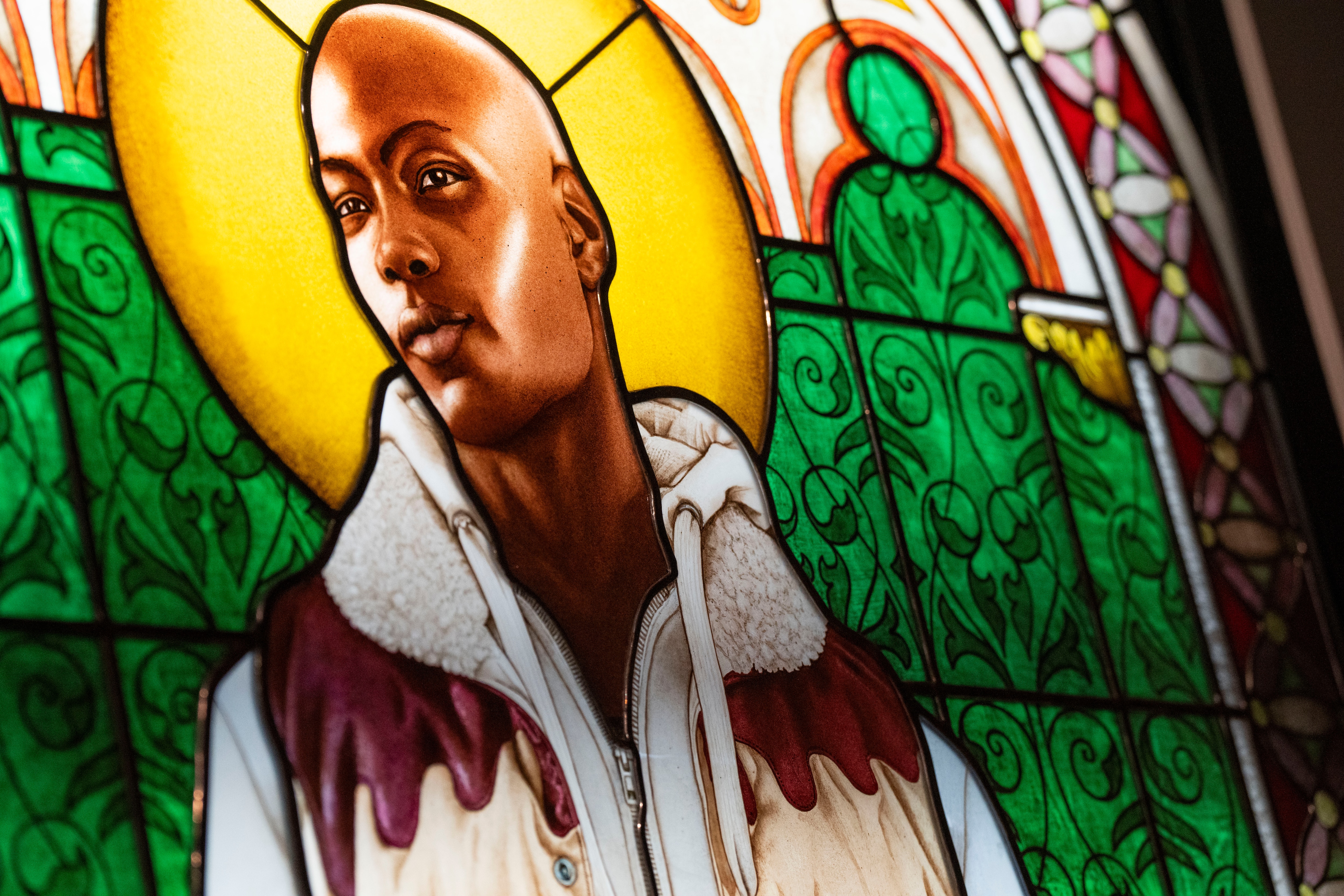 Kehinde Wiley’s stained glass piece, “Saint Amelie” (2014), is now on display at the Walters Art Museum.