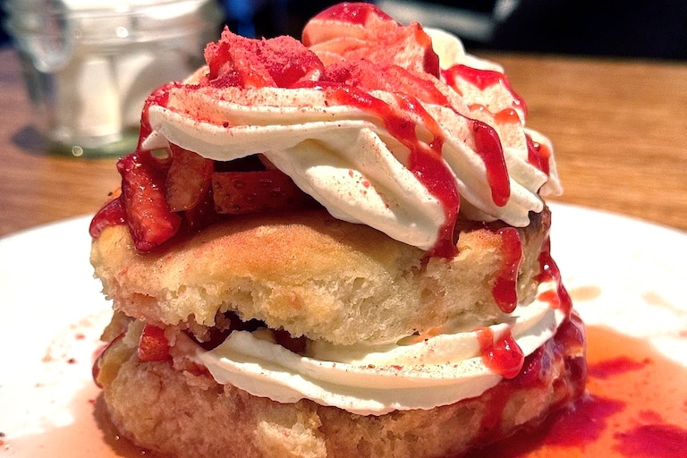 A biscuit with strawberries and cream from Spoons.
